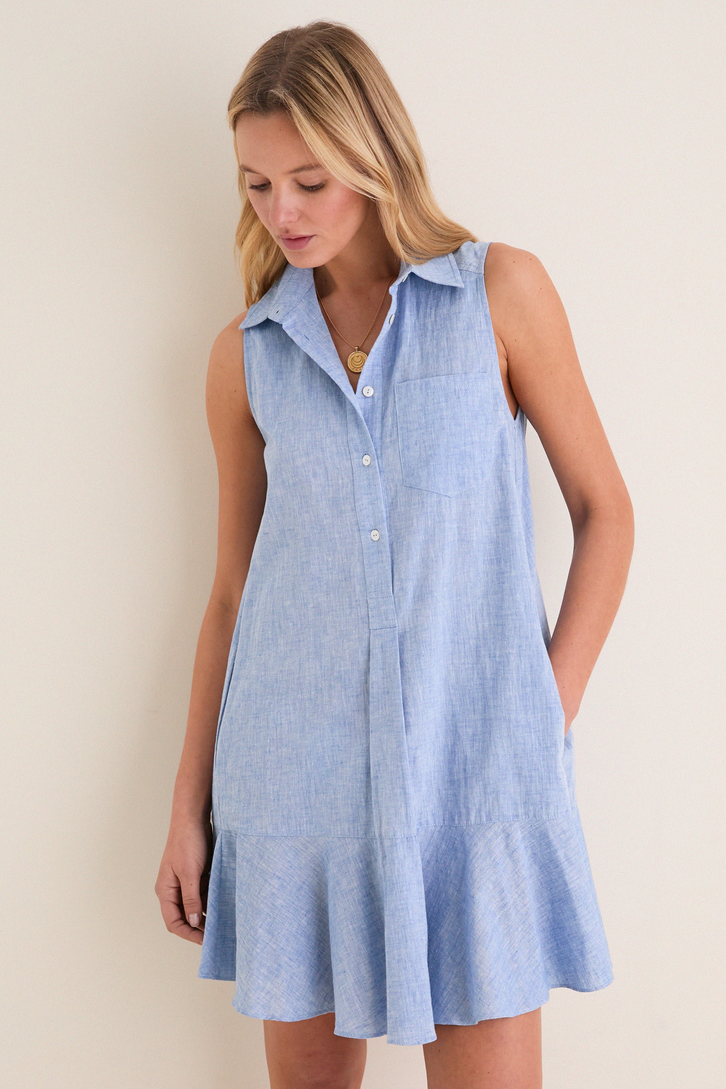 Chambray Sleeveless Callahan Shirt Dress-Get Girly