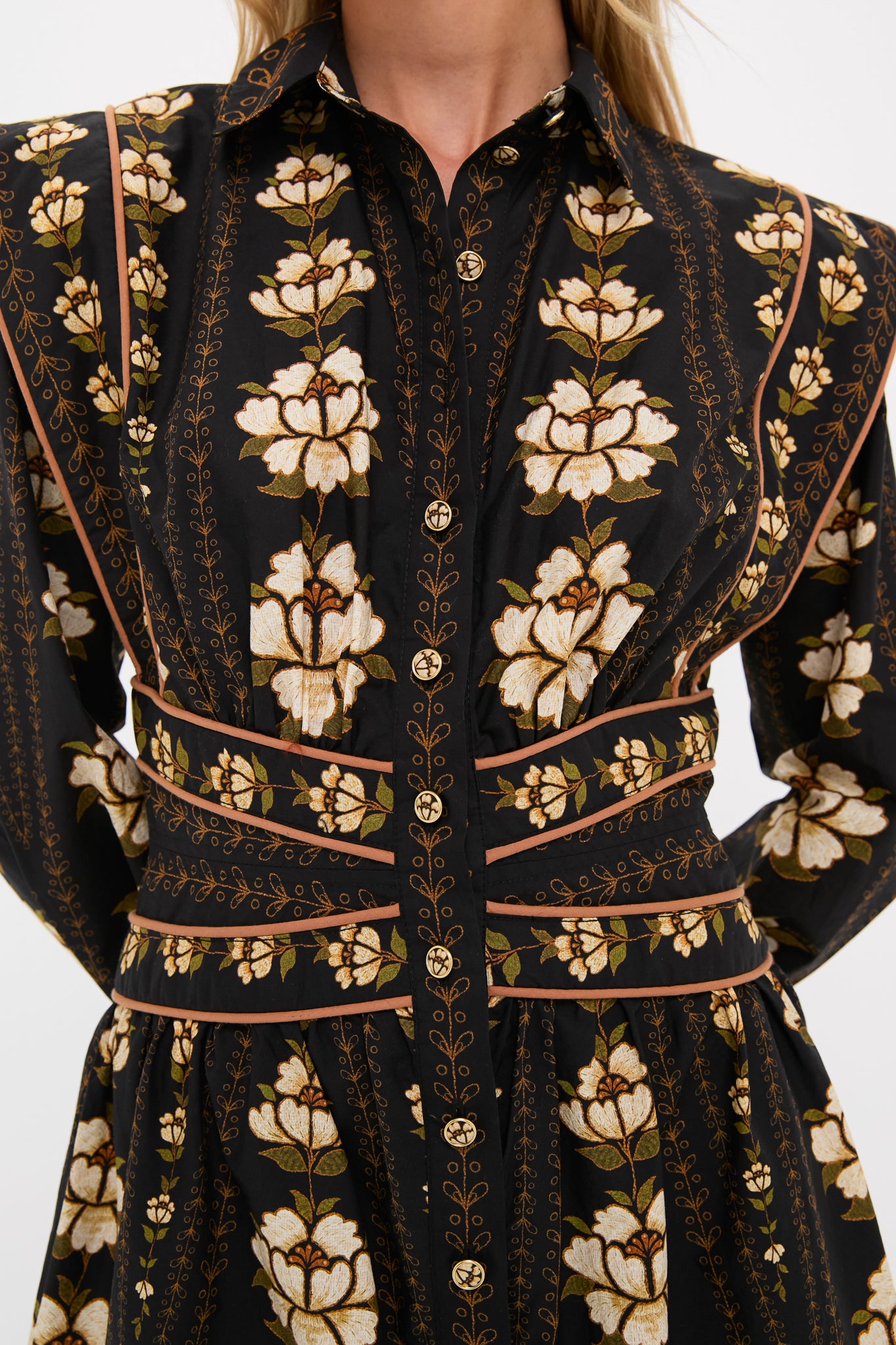 Black Embroidered Flowers Topstitching Long Sleeve Mini Dress-Get Girly