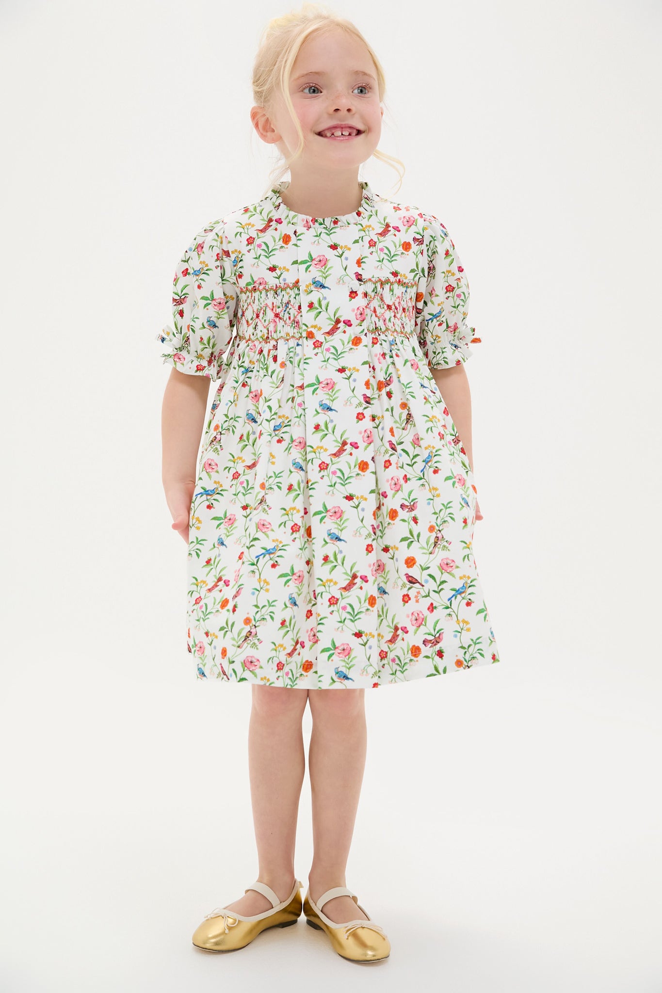 Ivory Bird Floral Carla Hand-Smocked Girls Dress-Get Girly