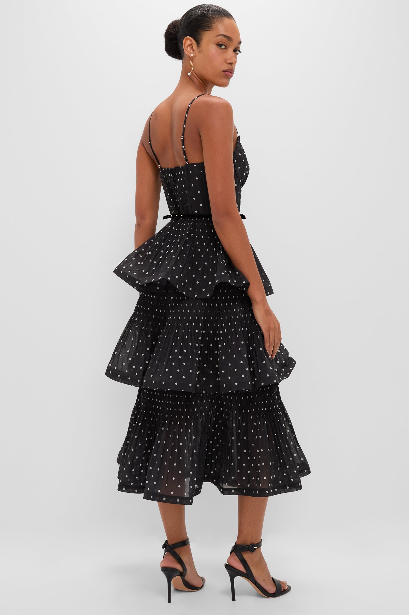 Black and Cream Polka Dot Pleated Tiered Midi Dress-Get Girly