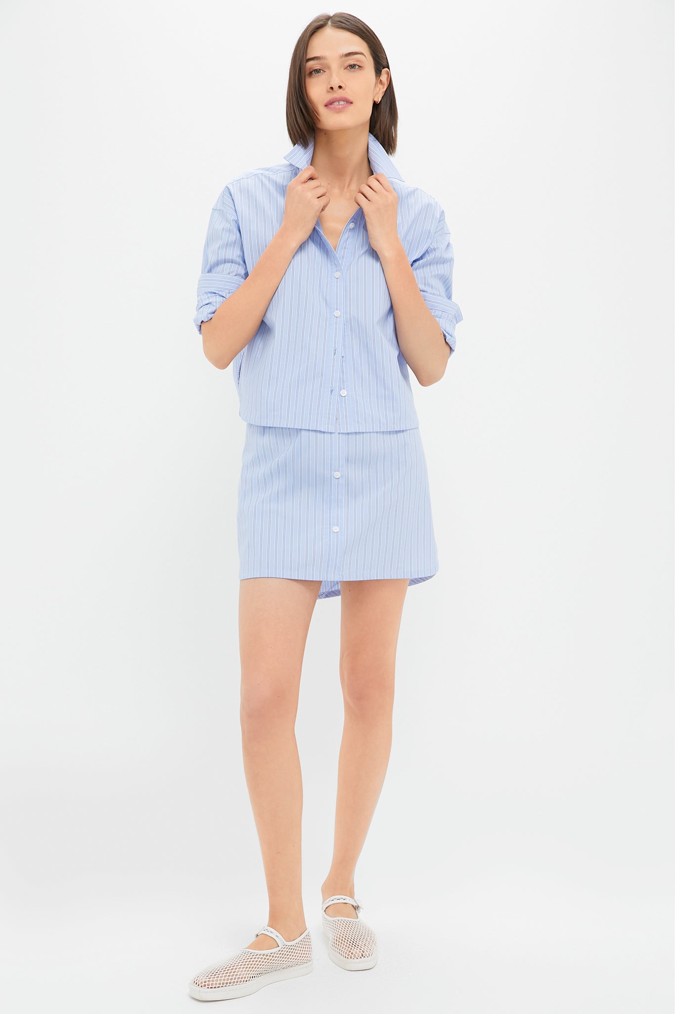 Blue and White Stripe Cropped Jasper Button Down-Get Girly