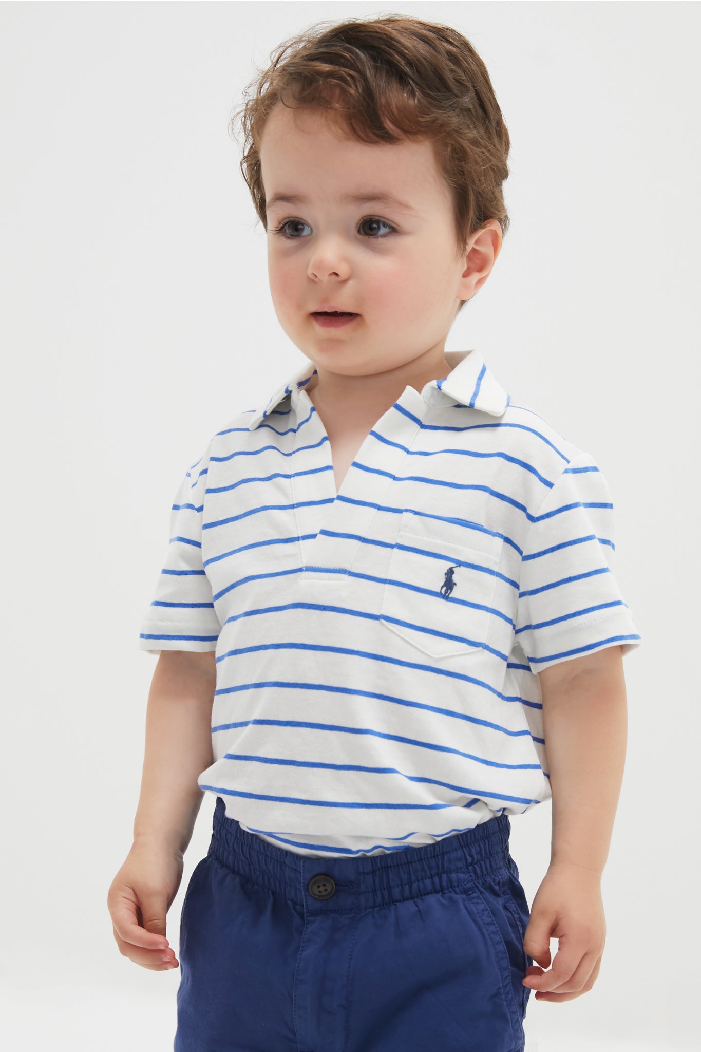 Little Boys White Short-Sleeve Cotton Linen Jersey Striped Johnny Collar Polo-Get Girly