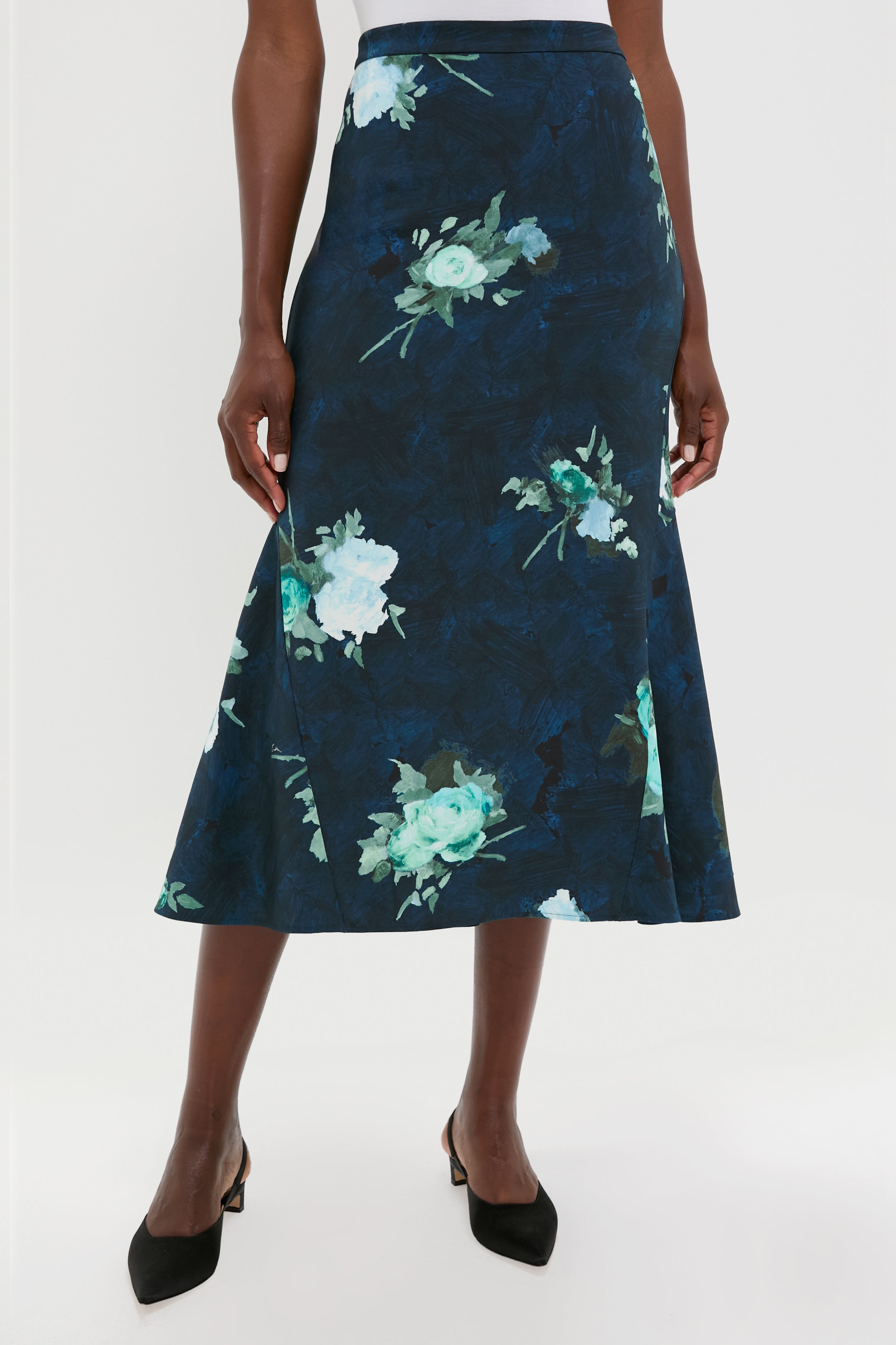 Abstract Rose Navy Fluted Midi Skirt-Get Girly