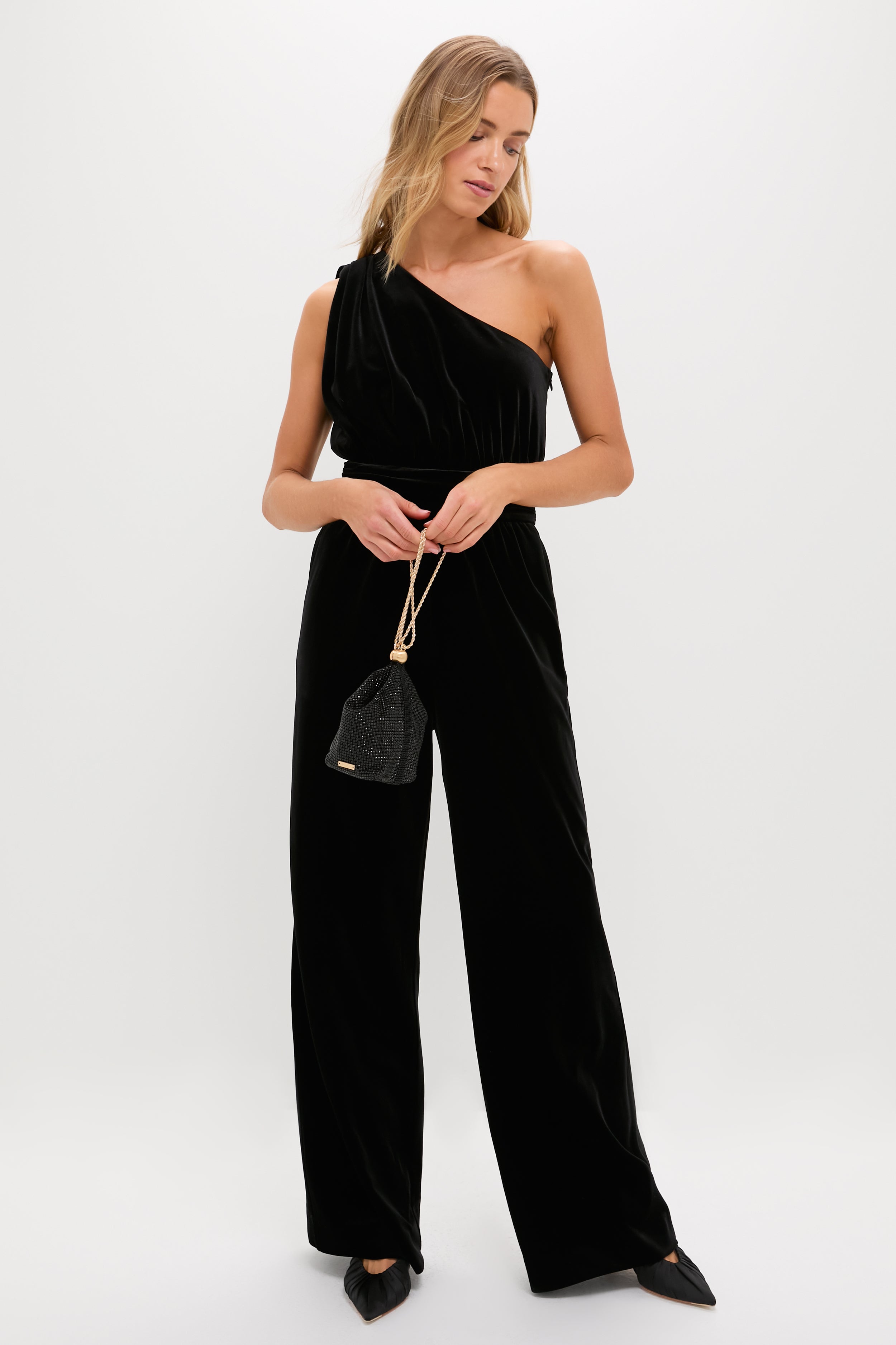 Black Velvet One Shoulder Araminta Jumpsuit-Get Girly