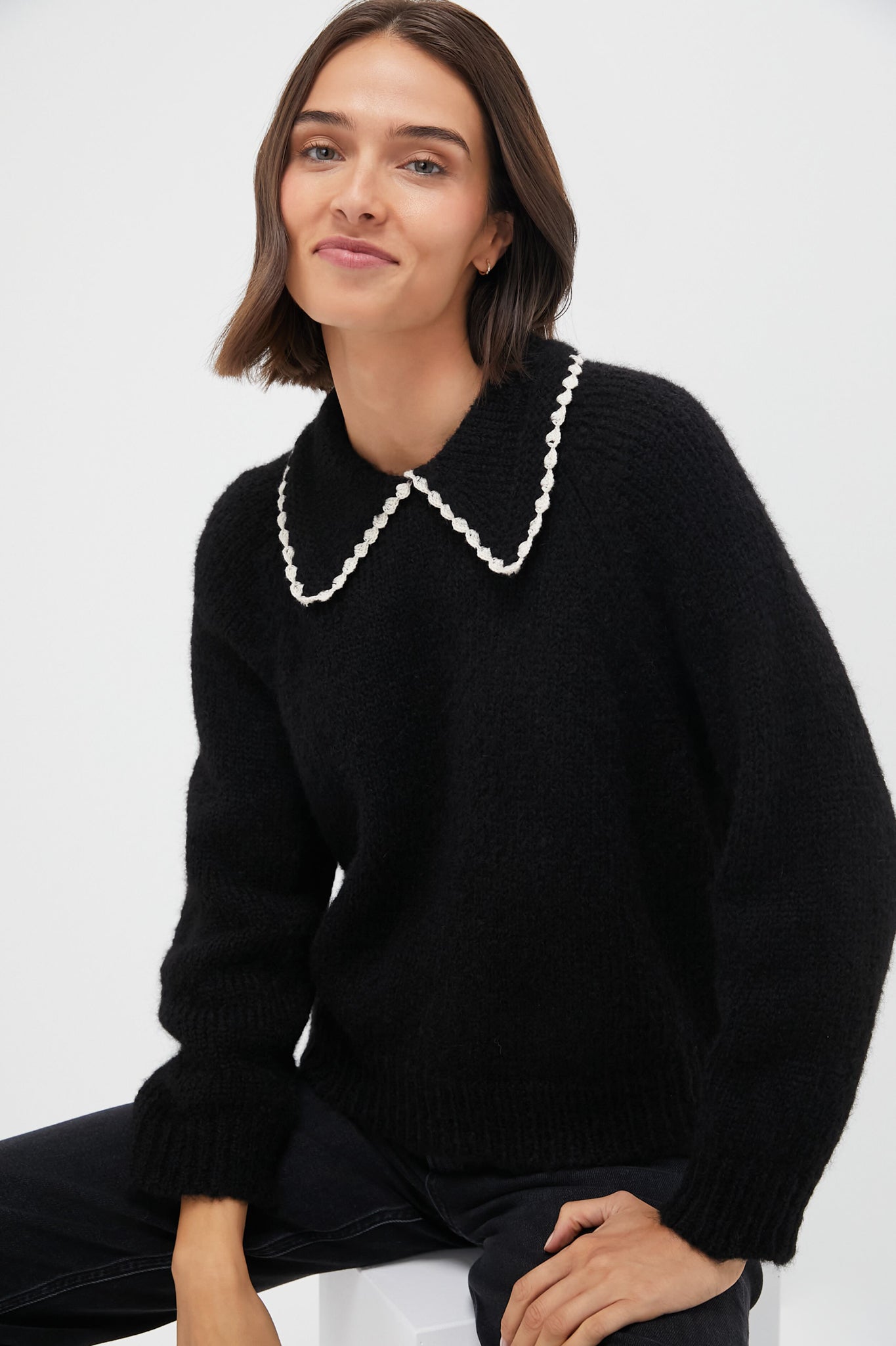Black with Soft White Crochet Collar Pullover-Get Girly