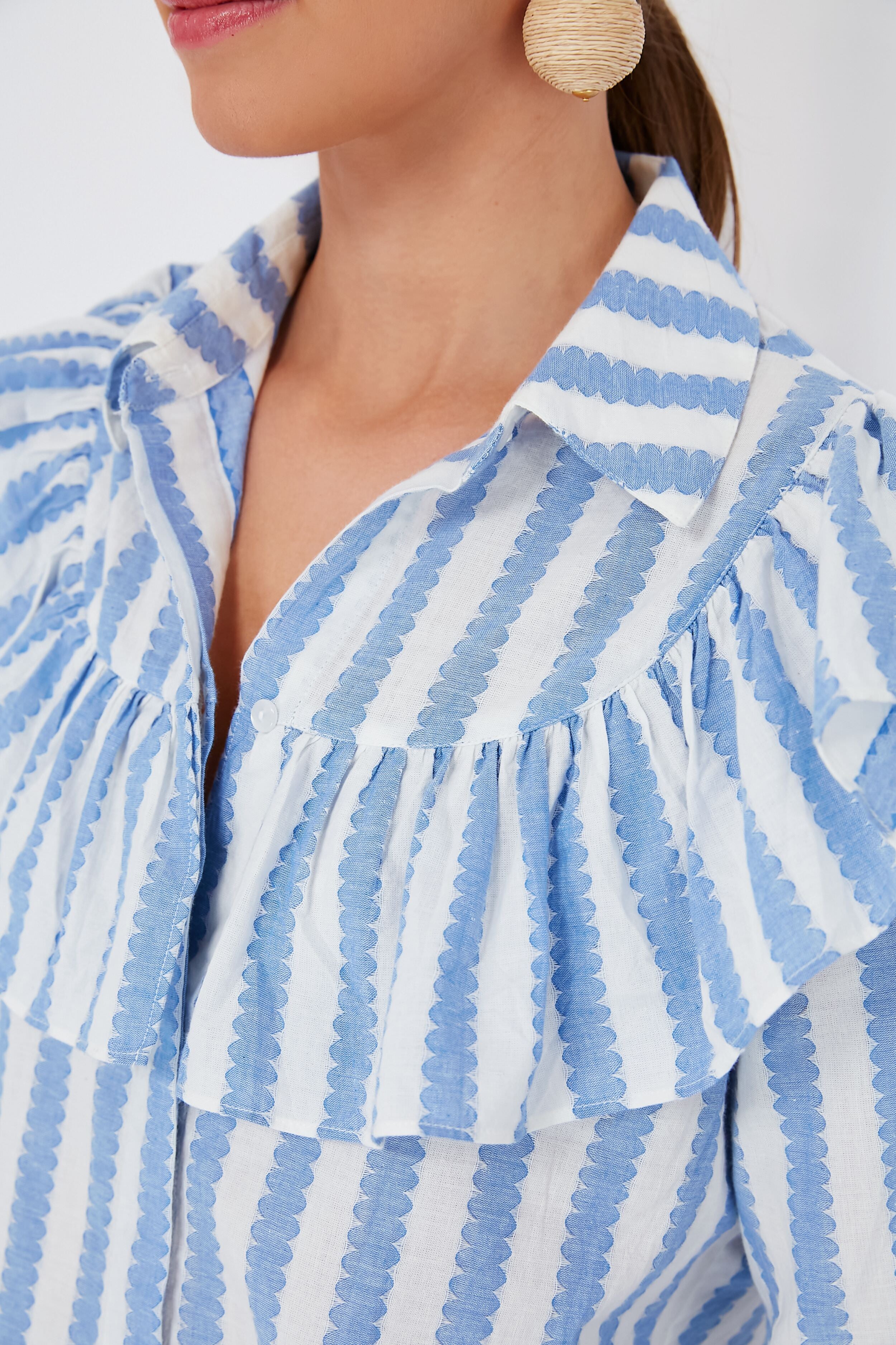 Blue and Cream Scallop Stripe Charlotte Shirt-Get Girly