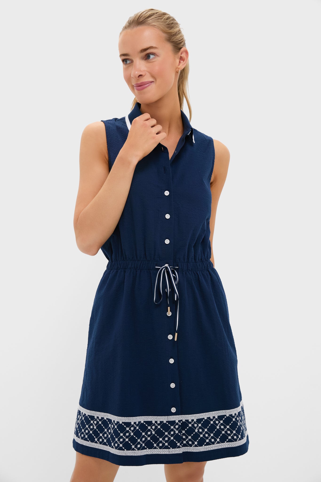 Navy and White Embroidered Sleeveless Performance Seersucker Alcott Golf Dress-Get Girly