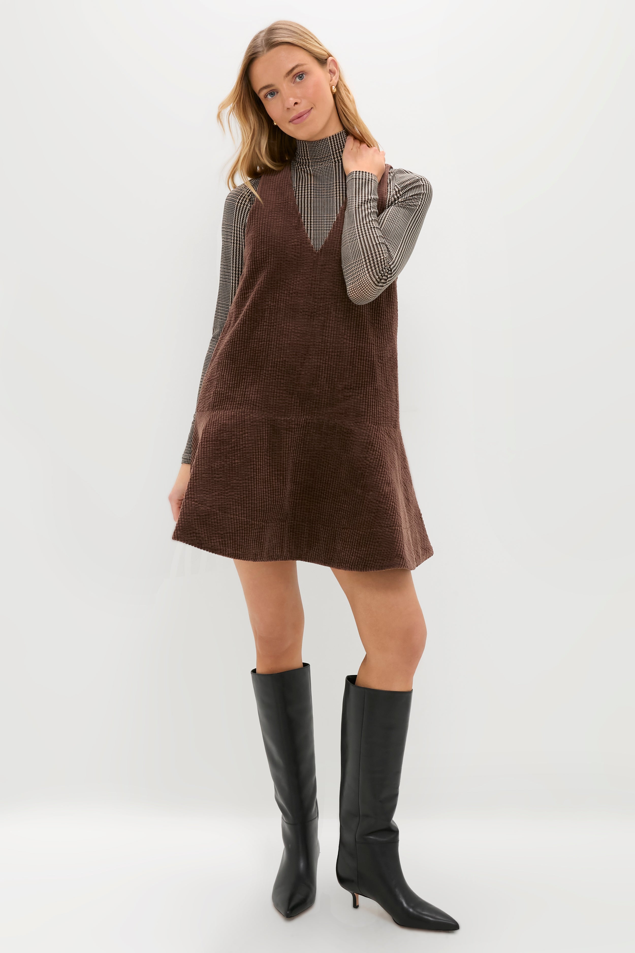 Chicory Coffee Seersucker Corduroy V-Neck Mini Dress-Get Girly