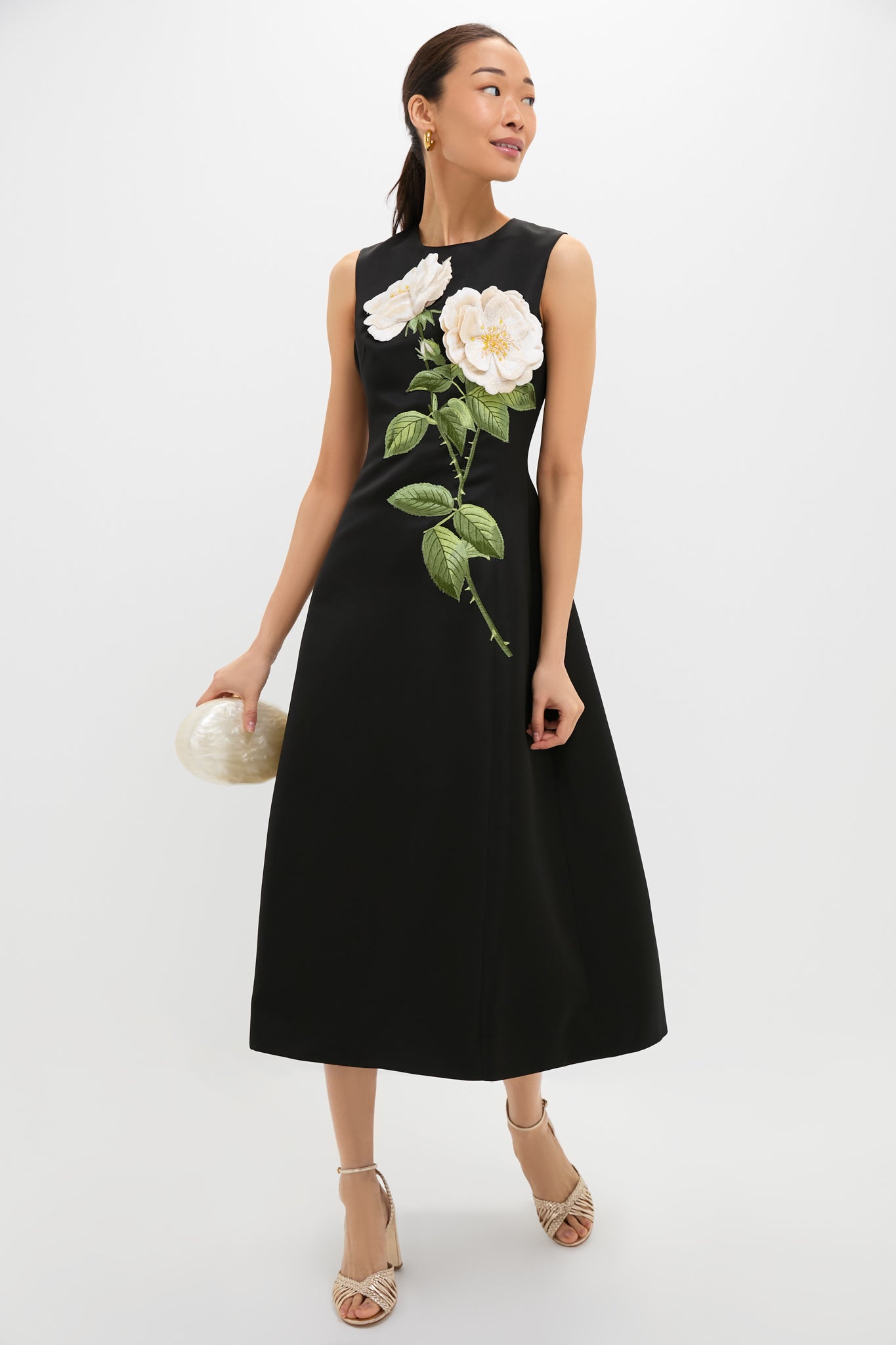 White Rose Printed Cleo Embellished Sleeveless Midi Dress-Get Girly