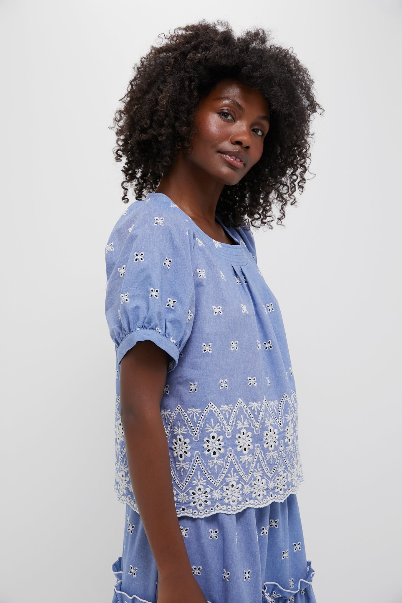 Chambray Embroidered Fontalina Blouse-Get Girly