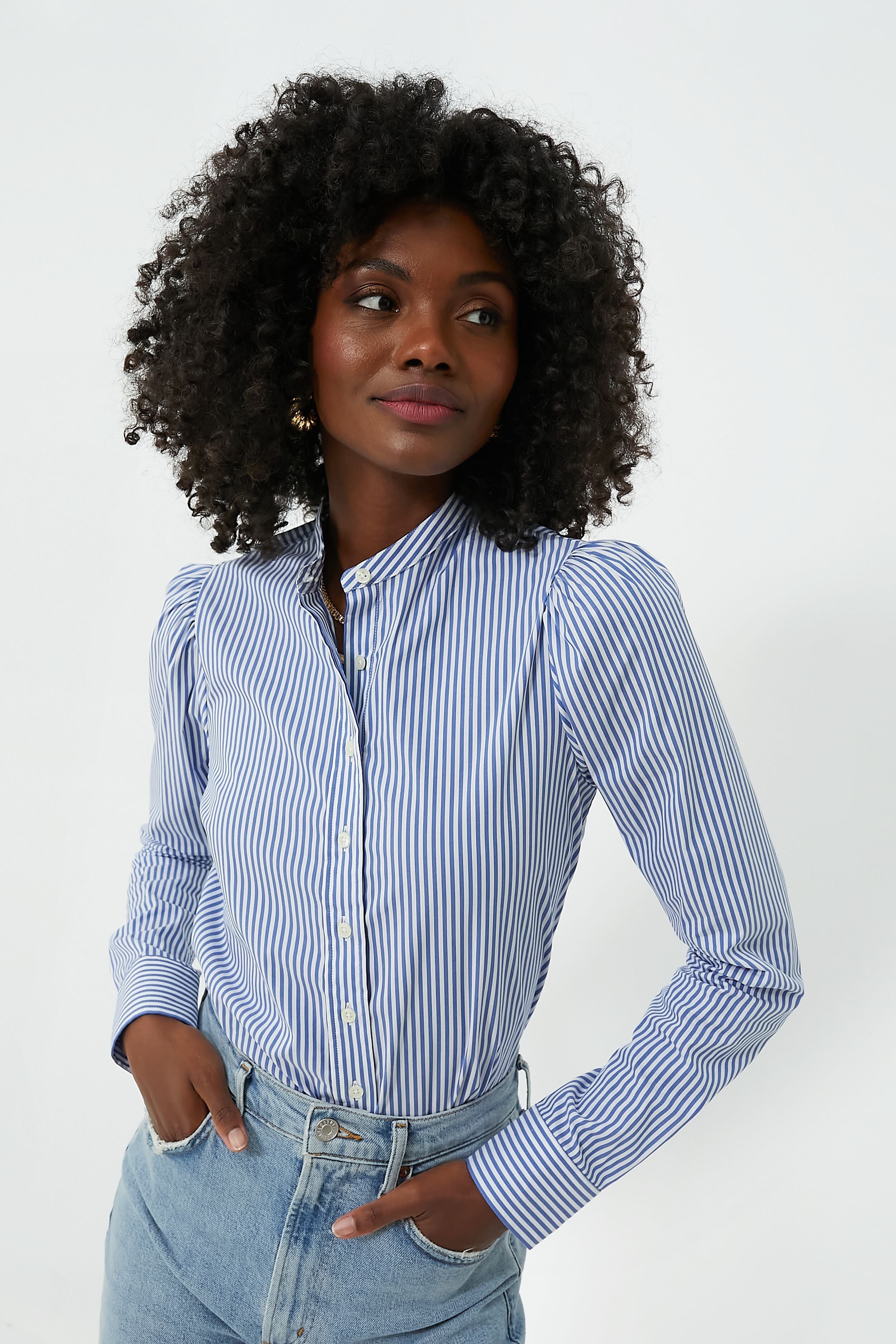 Blue and White Stripe Puffed Shoulder Shirt-Get Girly