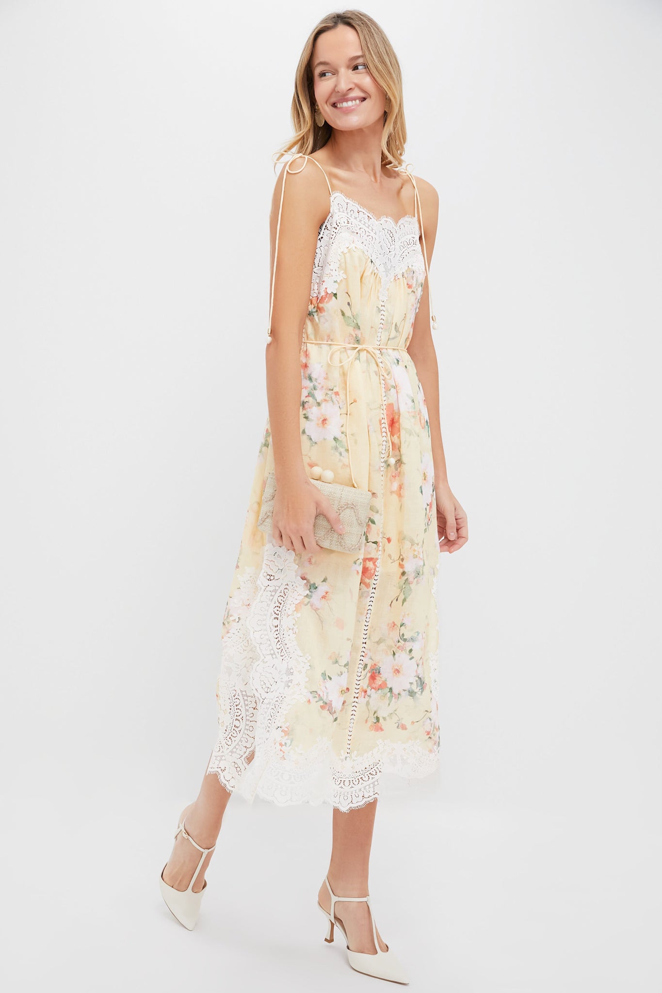 Yellow Watercolour Floral Everley Lace Trim Slip Dress-Get Girly