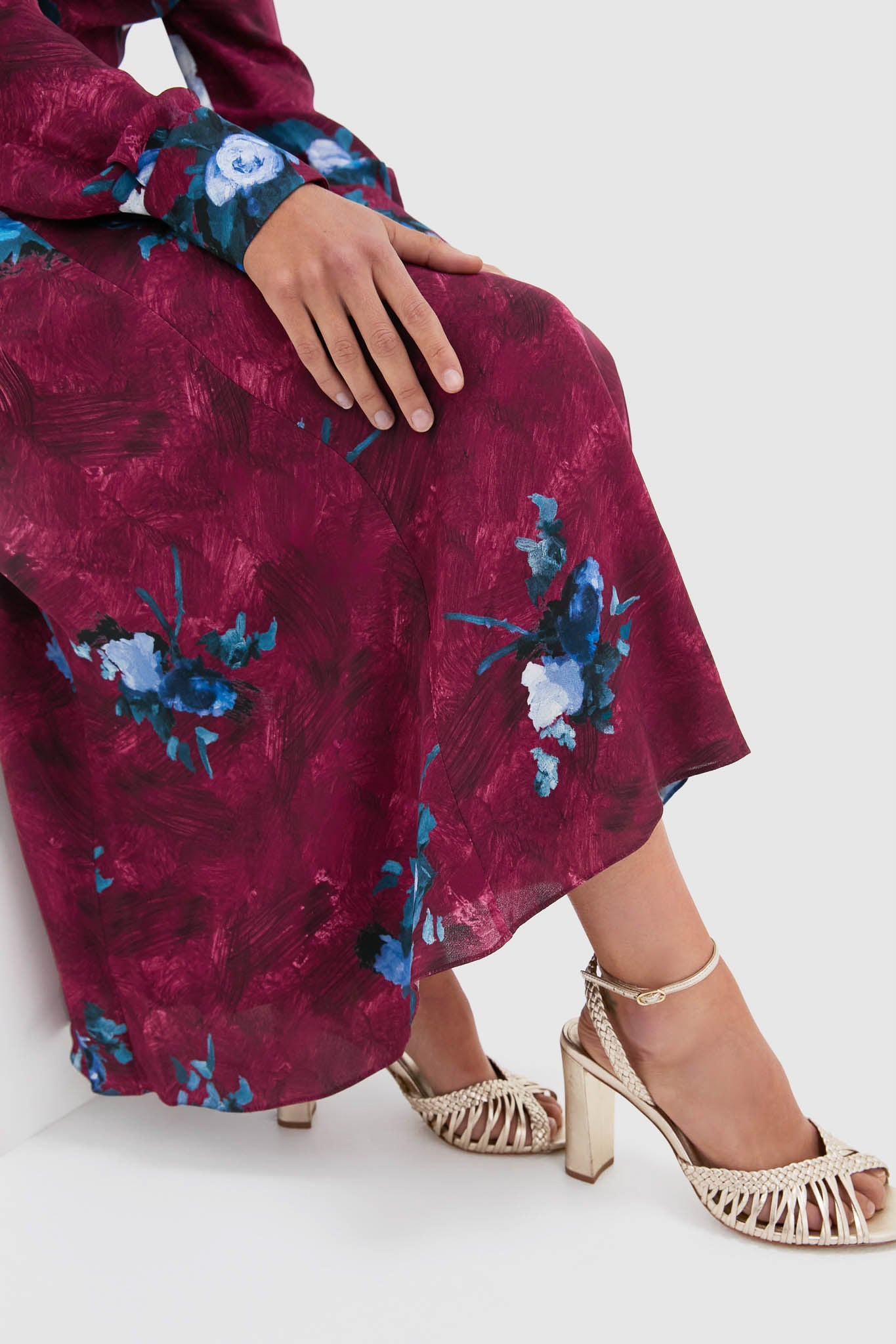 Abstract Rose Milberry Red Long Sleeve Midi Dress-Get Girly