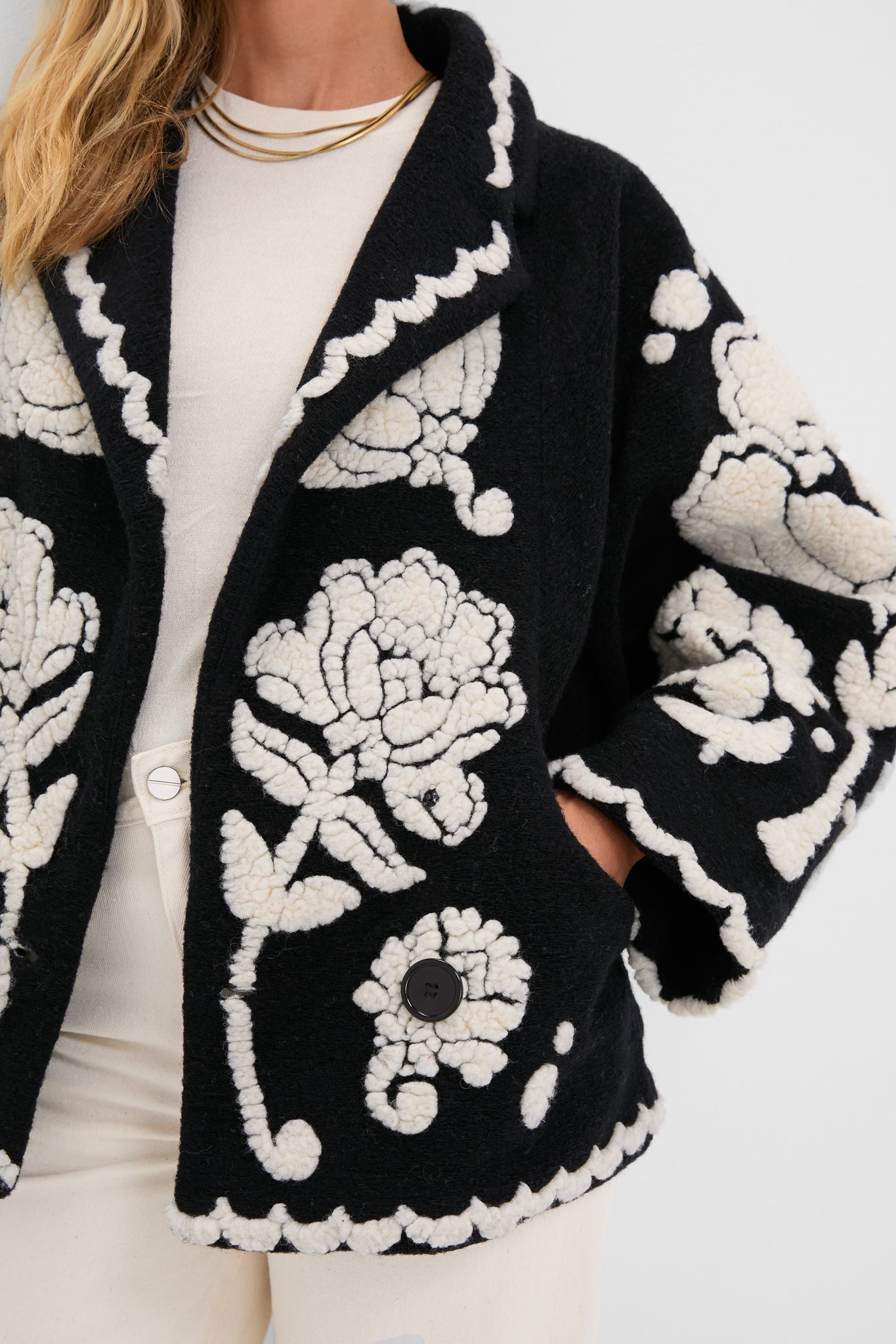 Black Cream Floral Arabesque Fleece Coat-Get Girly