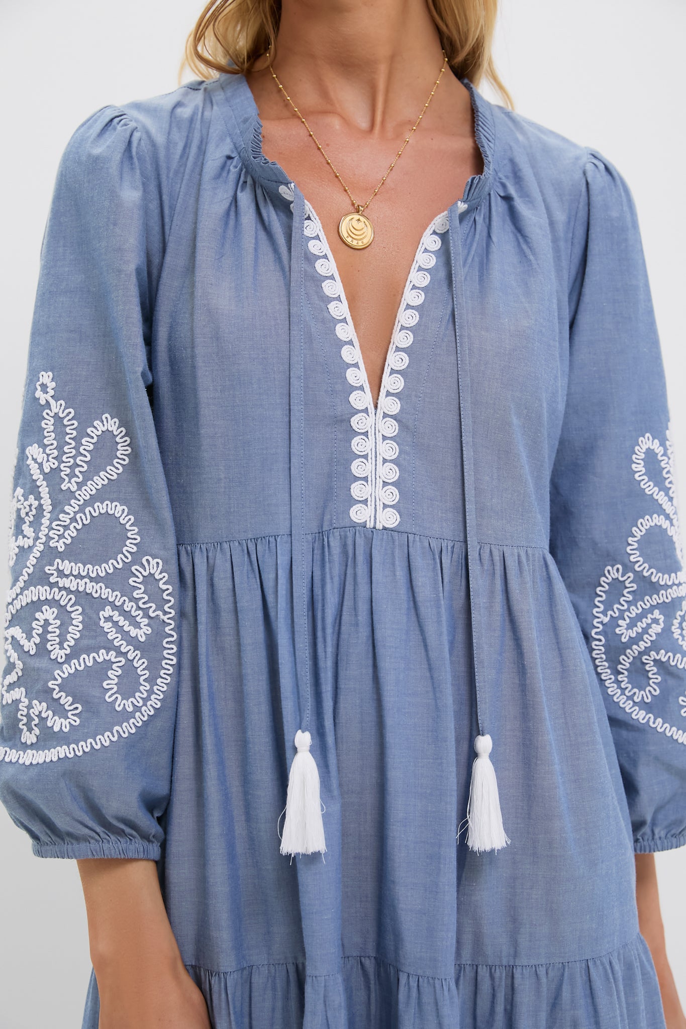 Embroidered Chambray Long Sleeve Salty Paloma Caftan-Get Girly