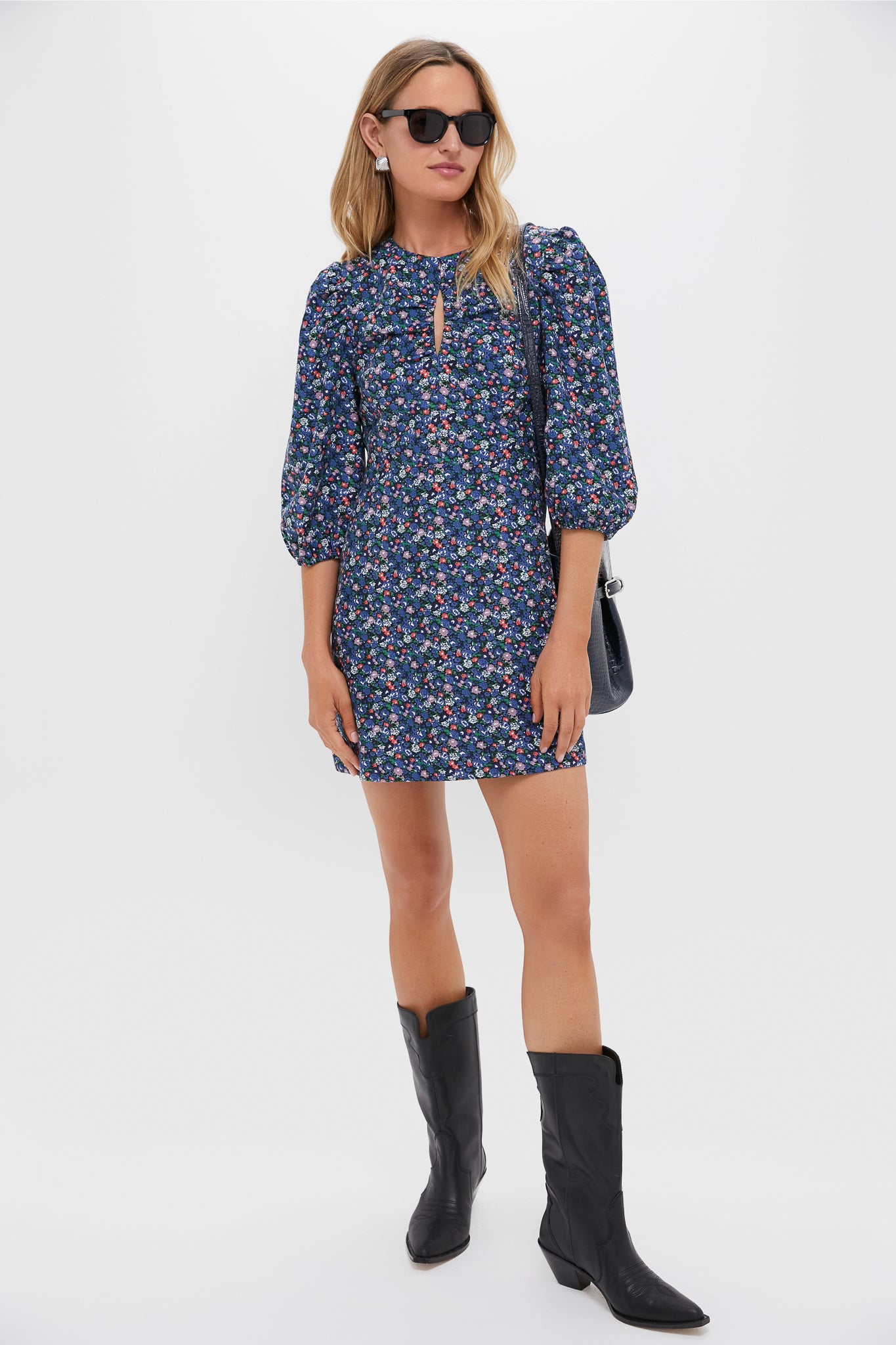 Black & Navy Corduroy Floral Keyhole Moore Mini Dress-Get Girly