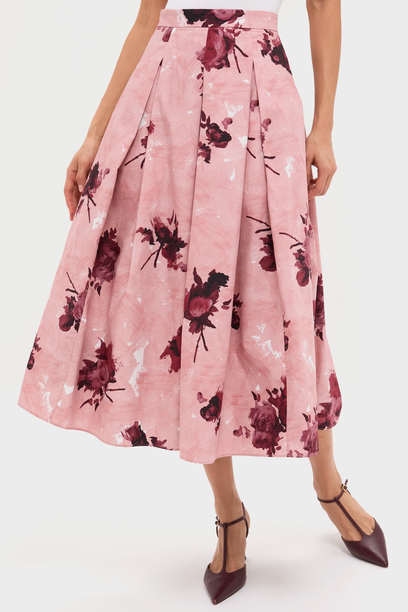 Abstract Rose Slipper Pink Pleated Midi Skirt-Get Girly