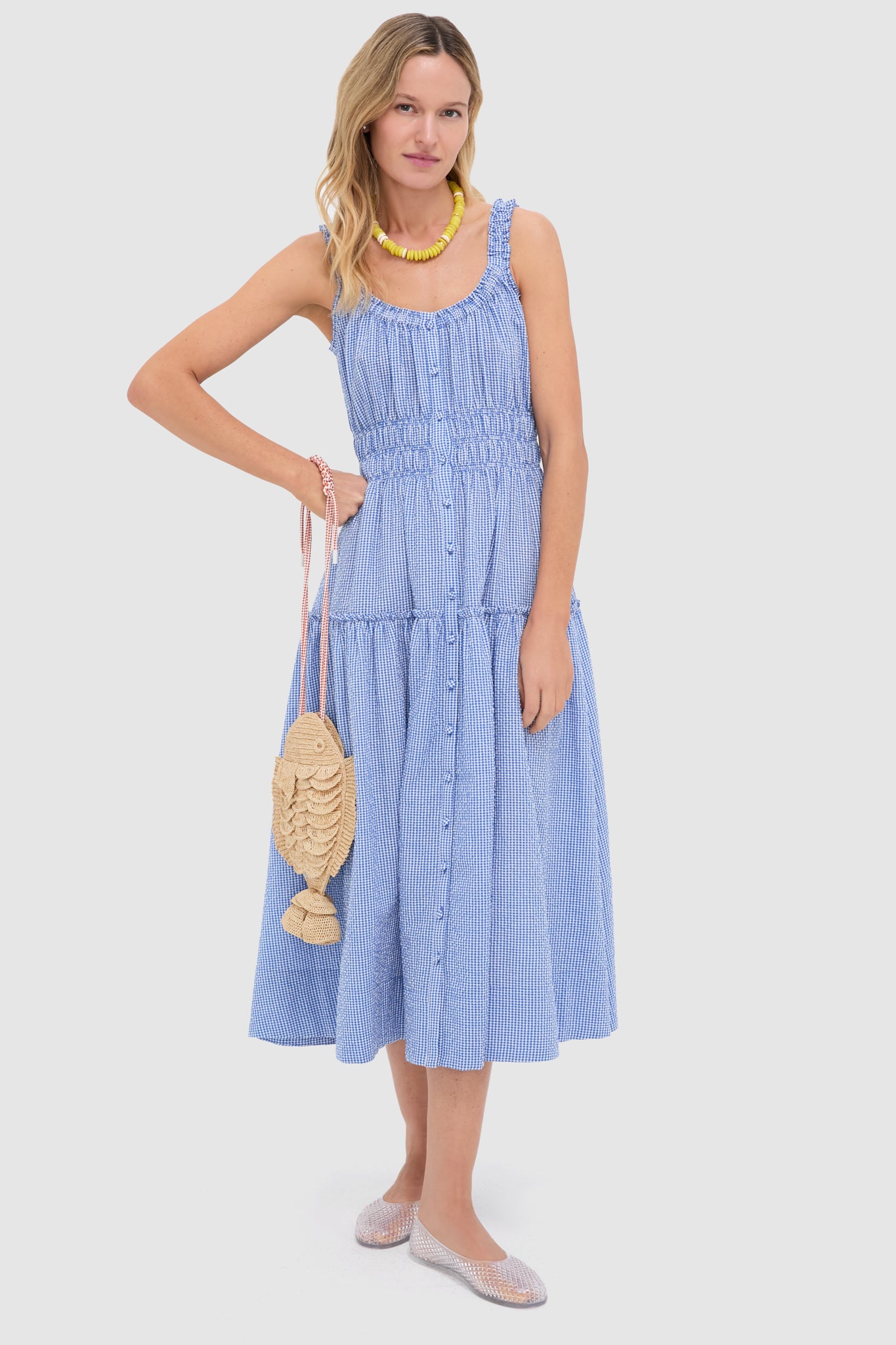 Blue and White Gingham Seersucker Landis Midi Dress-Get Girly