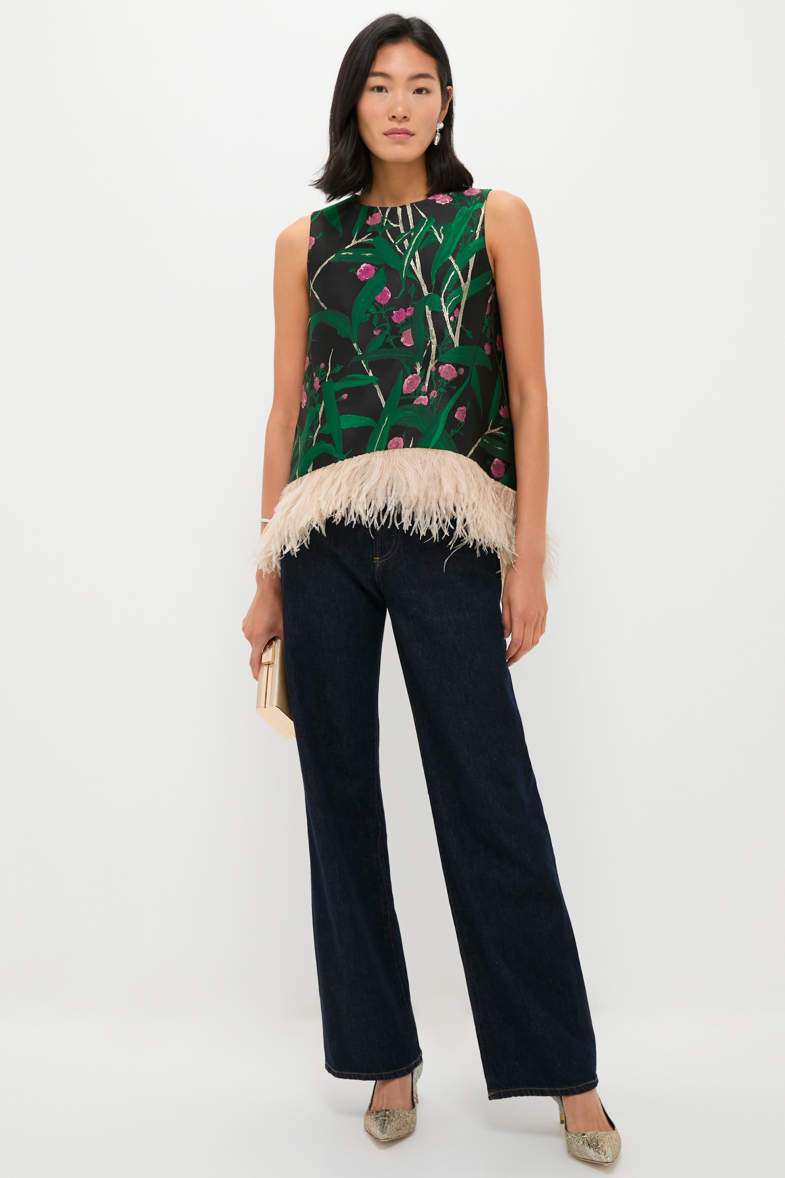 Bamboo Jacquard La Scala Top with Feathers-Get Girly