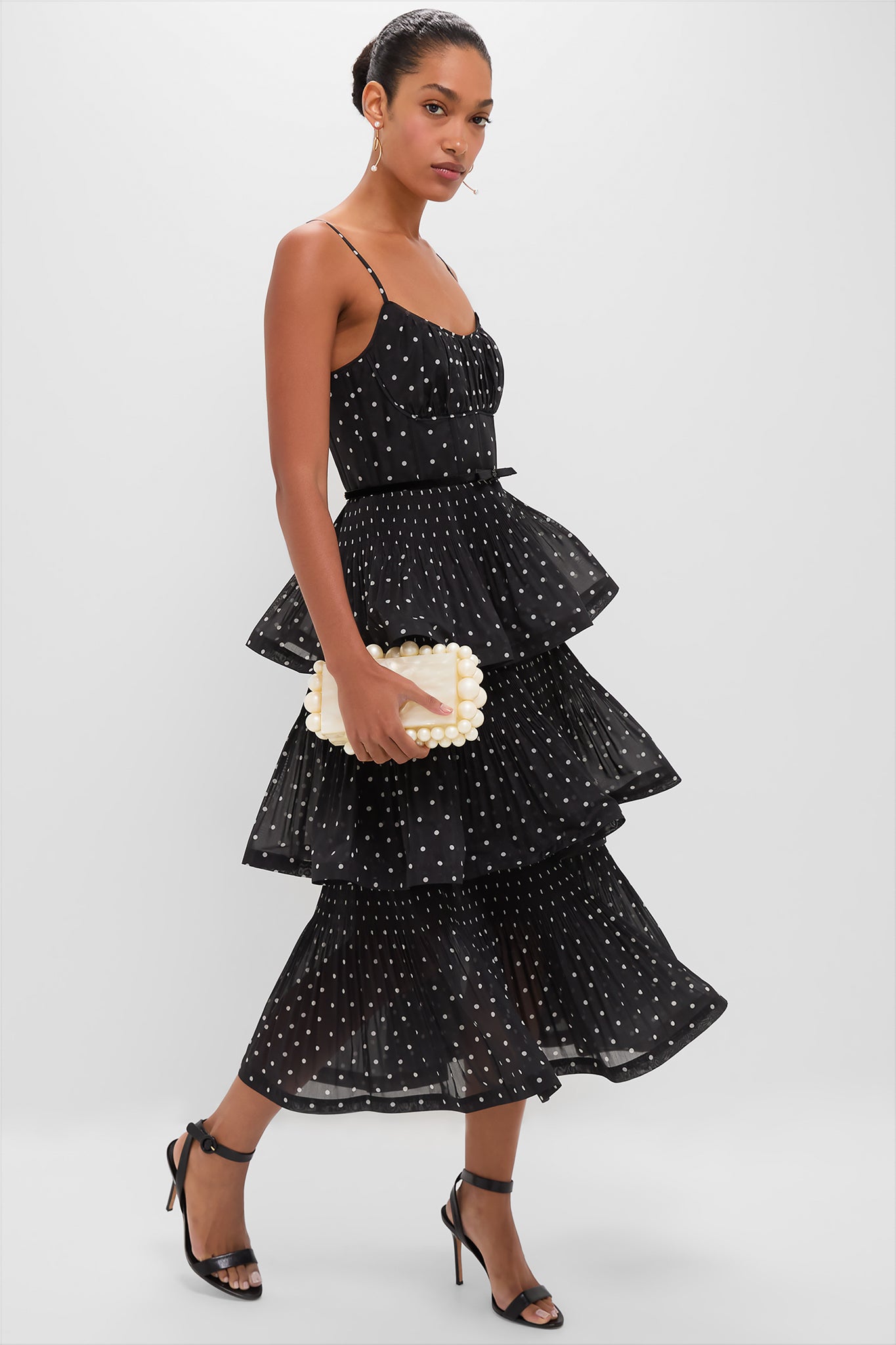 Black and Cream Polka Dot Pleated Tiered Midi Dress-Get Girly