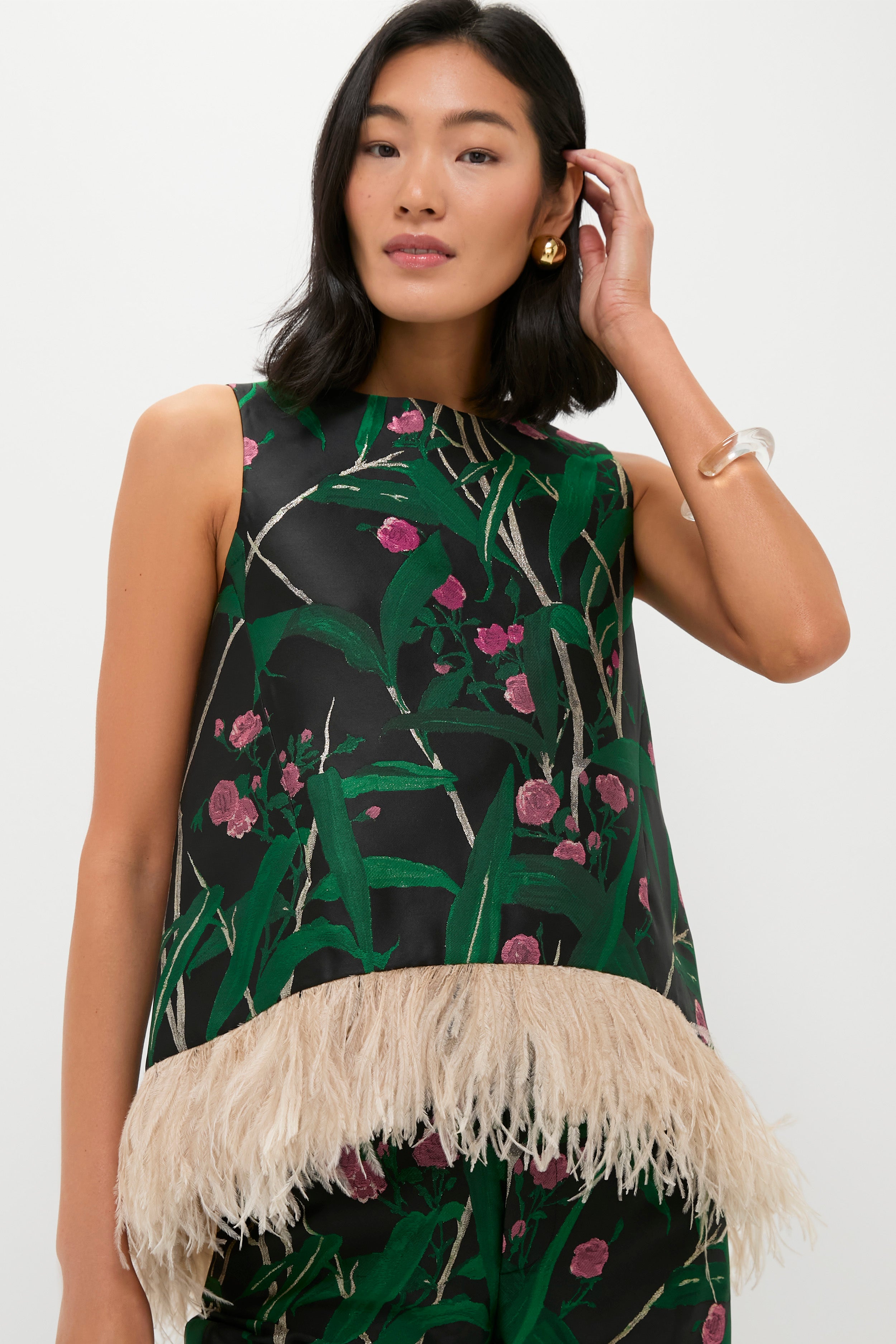 Bamboo Jacquard La Scala Top with Feathers-Get Girly