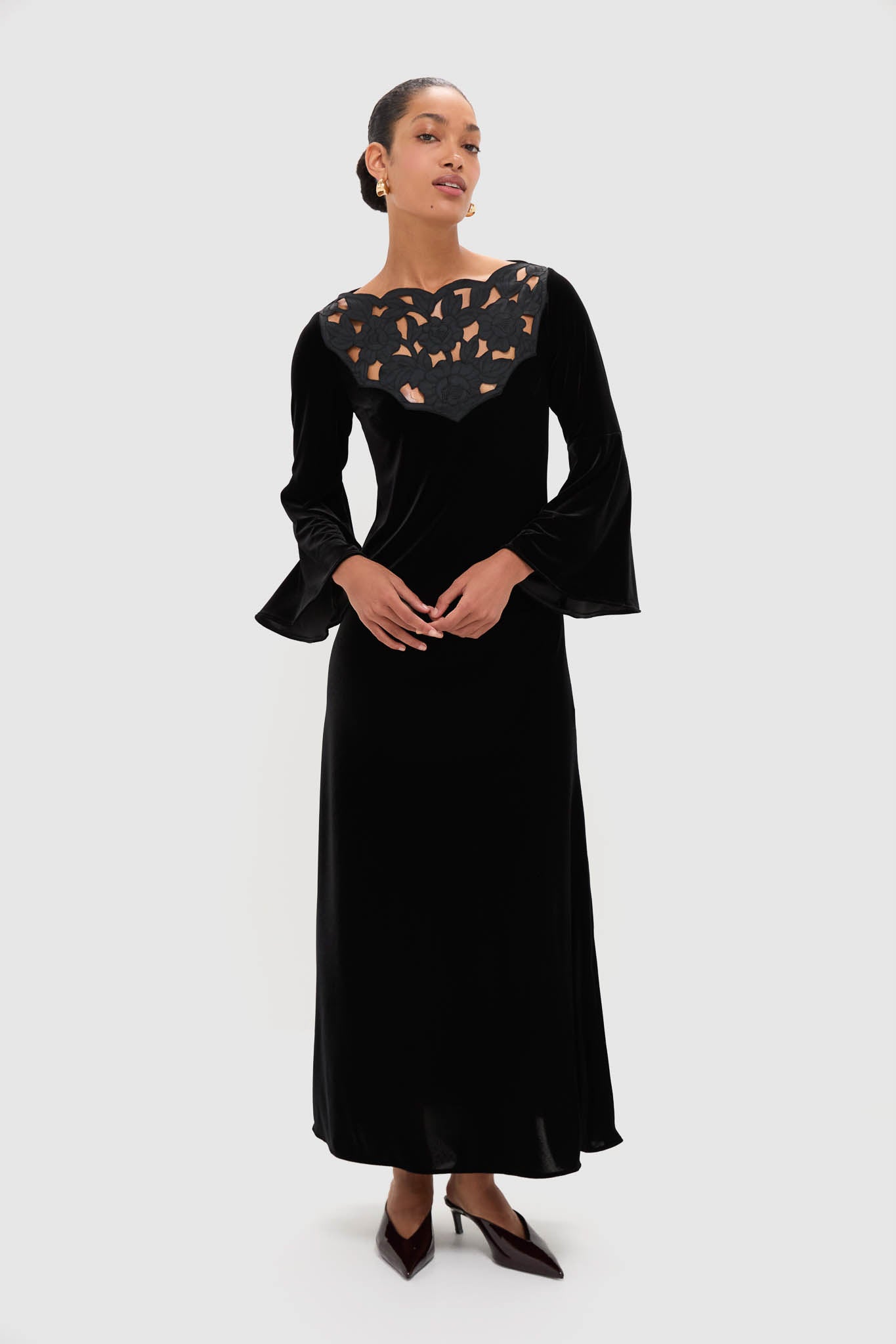 Accademia Black Velvet Bell Sleeve Catherine Maxi Dress-Get Girly