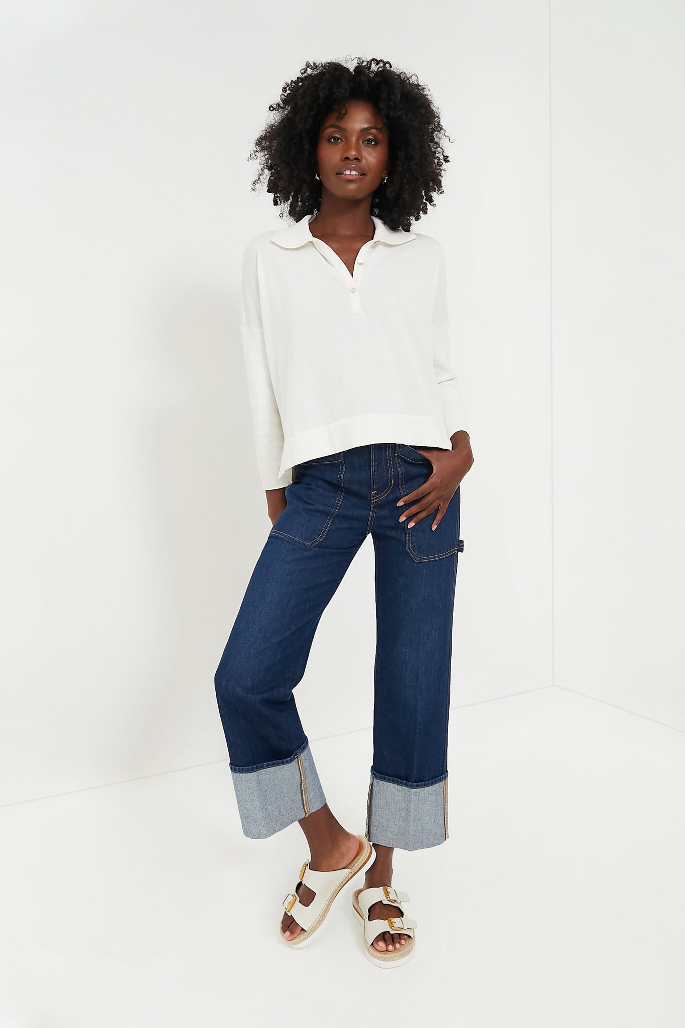 White Clayton Long Sleeve Knit Polo-Get Girly