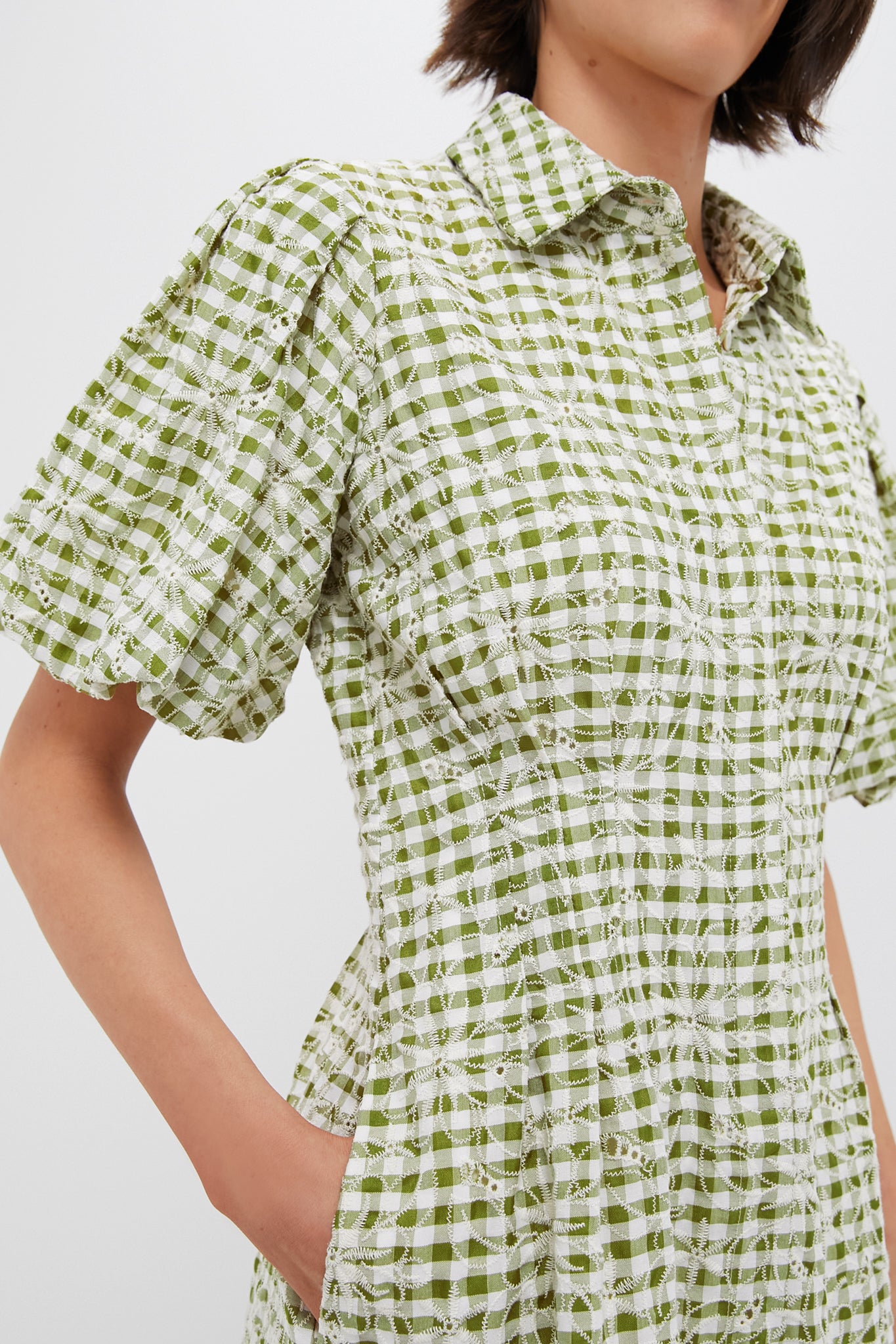 Embroidered Floral Green Gingham Mini Delaney Dress-Get Girly
