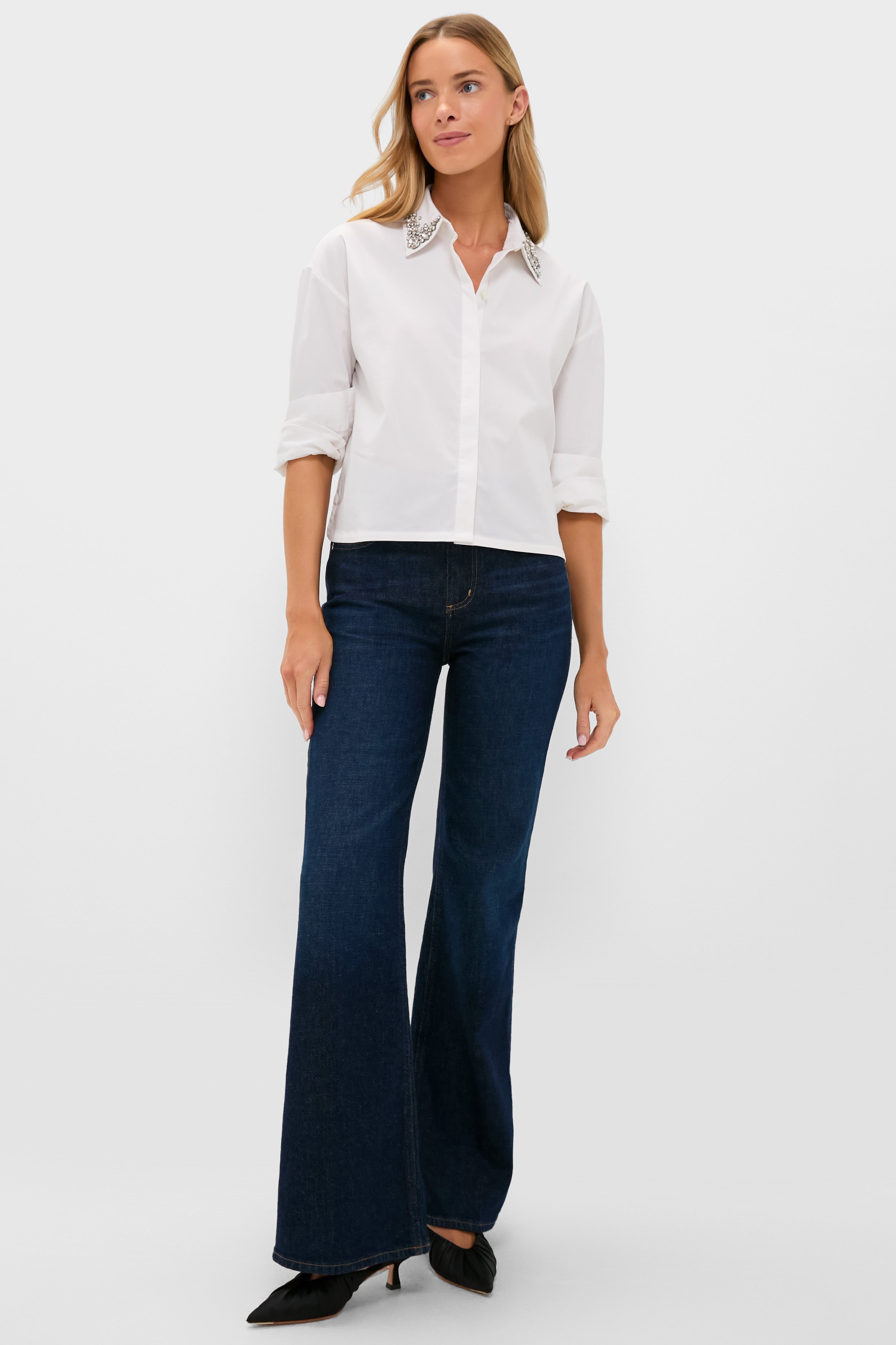 White Embellished Cropped Jasper Button Down-Get Girly