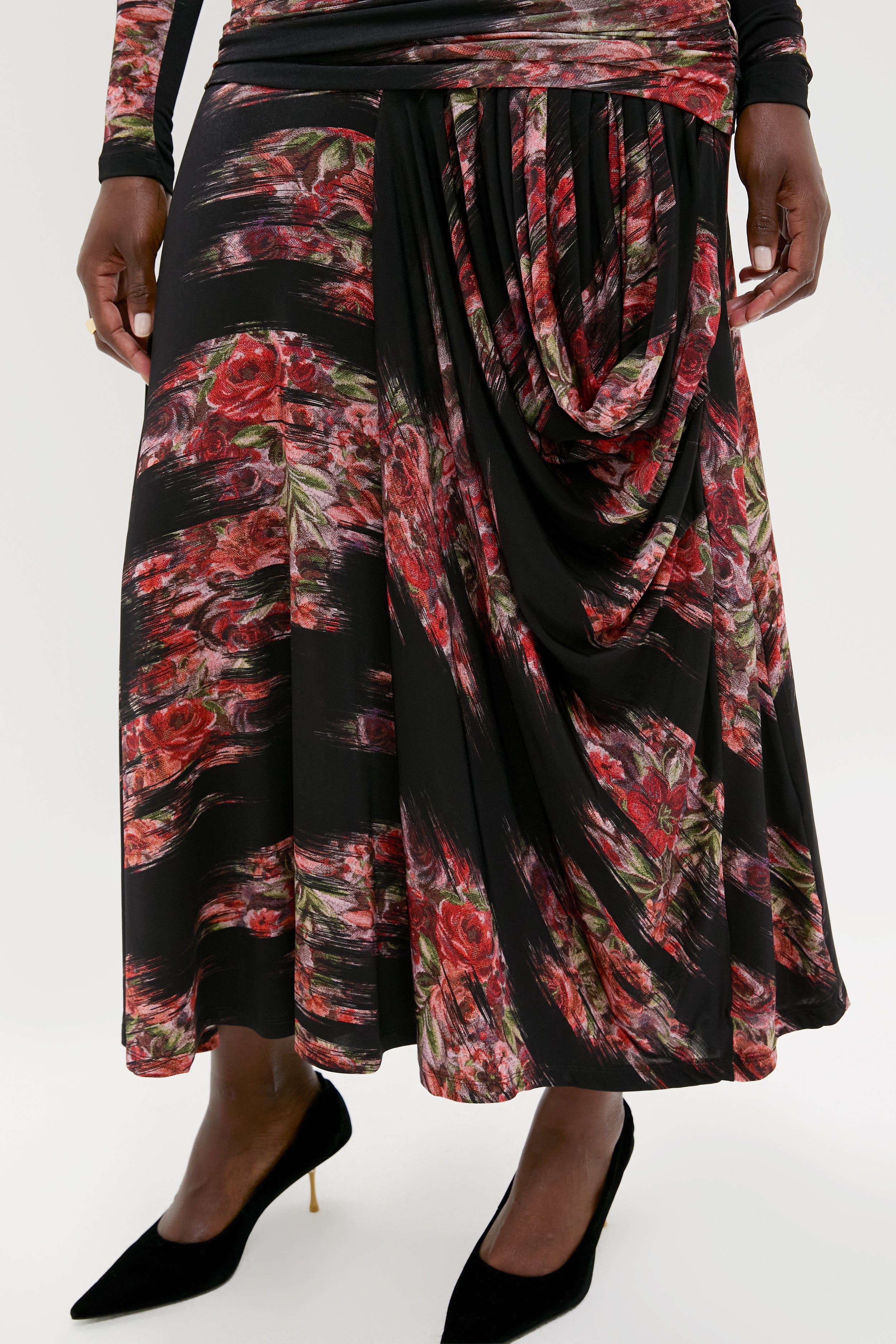 Black Printed Shiny Jersey Ruched Long Dress-Get Girly