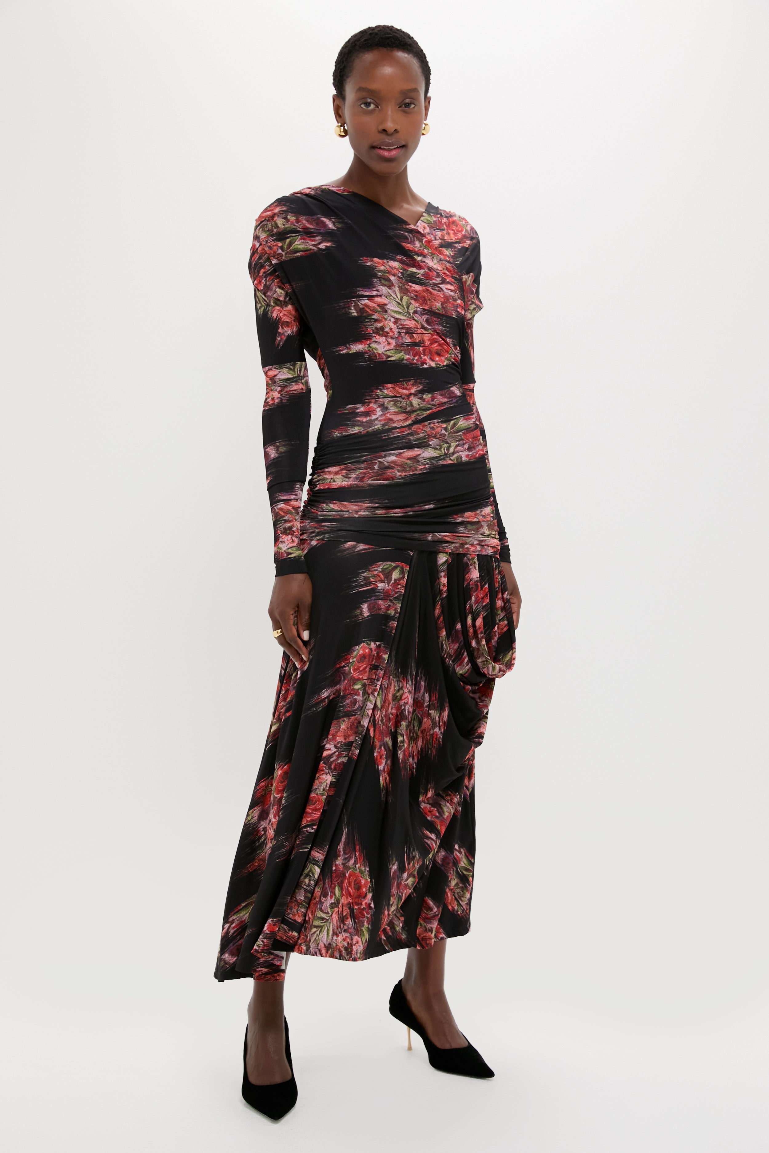 Black Printed Shiny Jersey Ruched Long Dress-Get Girly