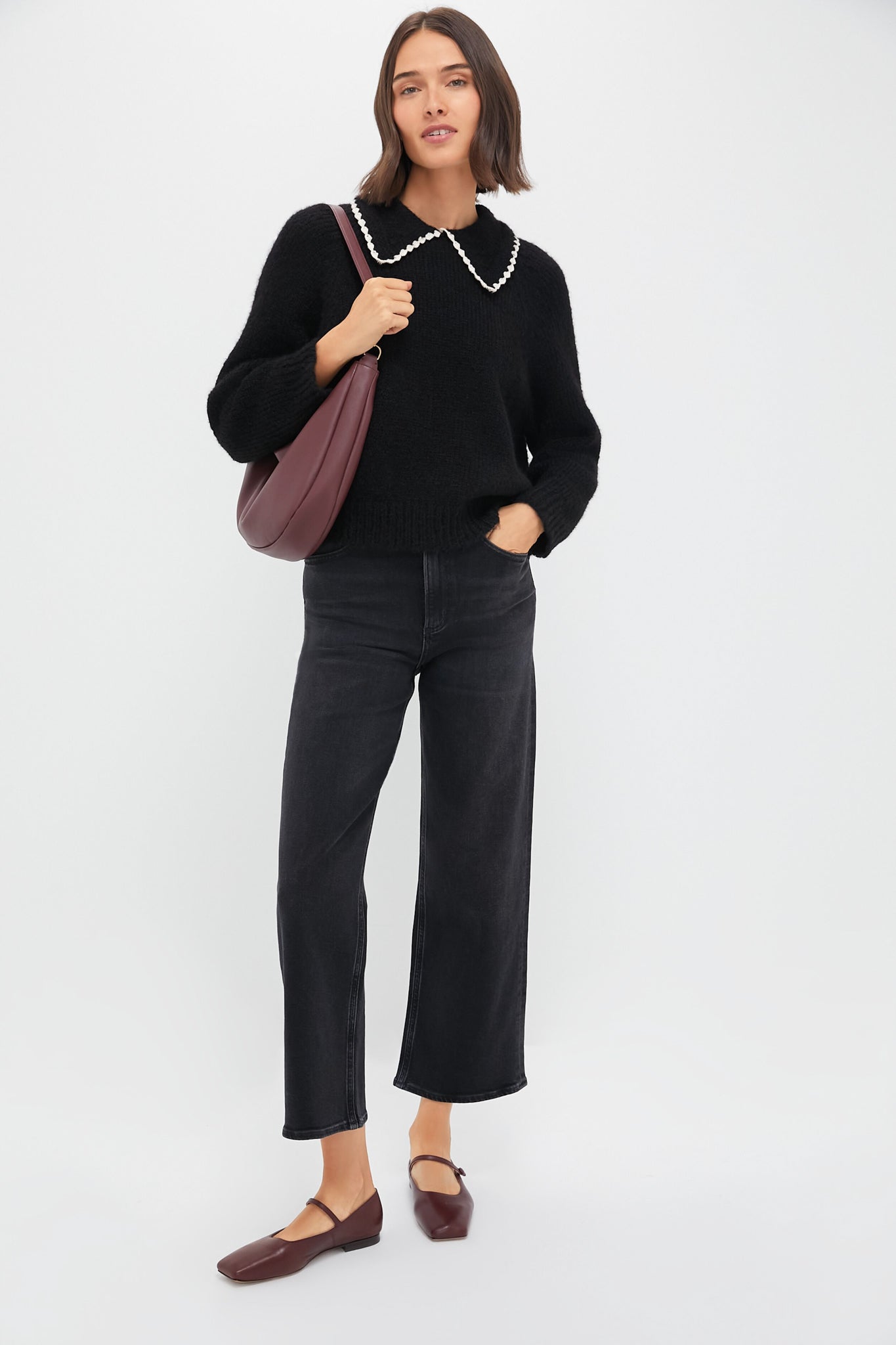 Black with Soft White Crochet Collar Pullover-Get Girly