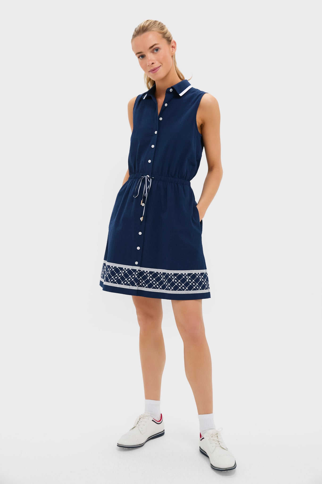 Navy and White Embroidered Sleeveless Performance Seersucker Alcott Golf Dress-Get Girly