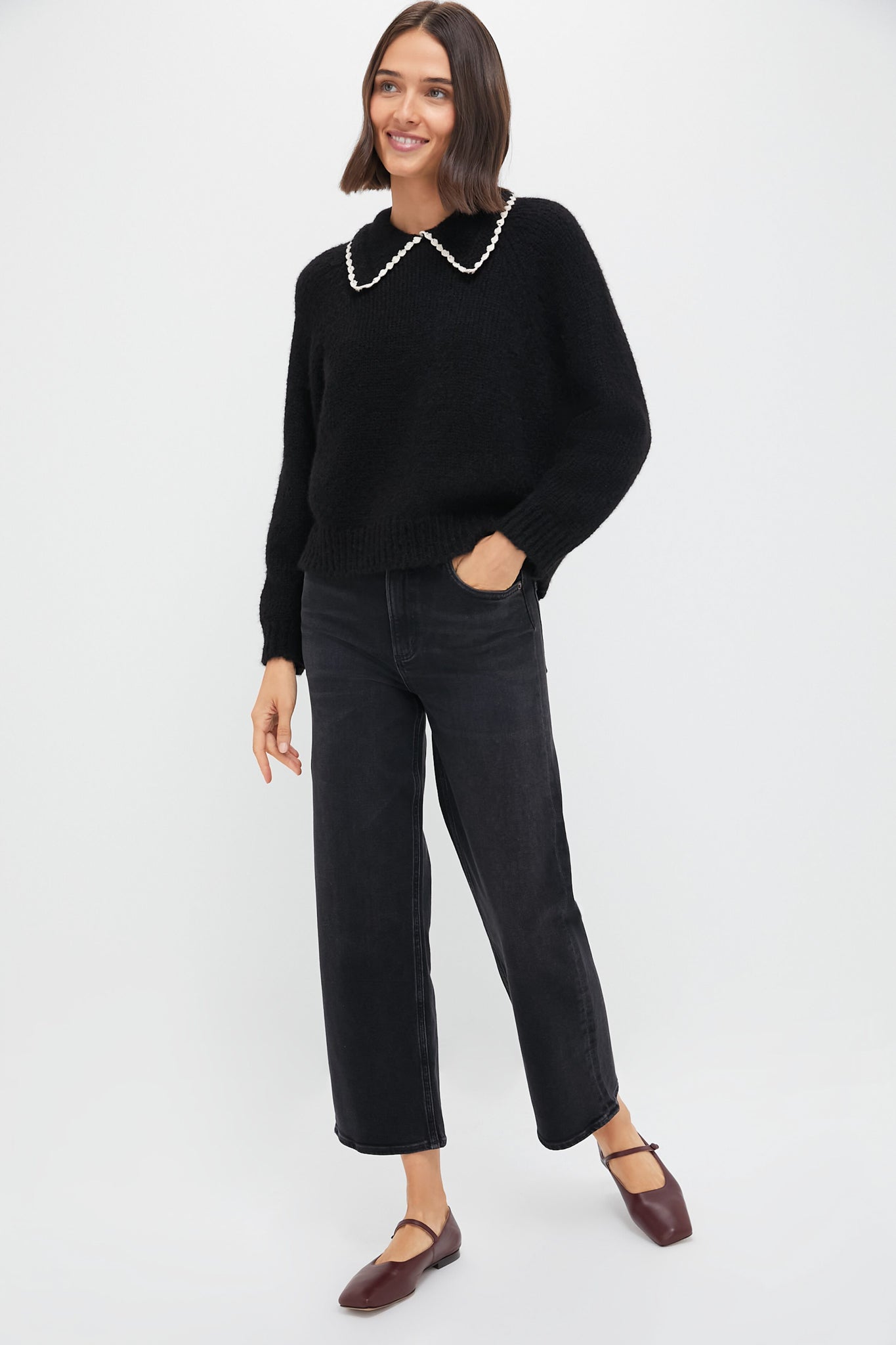 Black with Soft White Crochet Collar Pullover-Get Girly