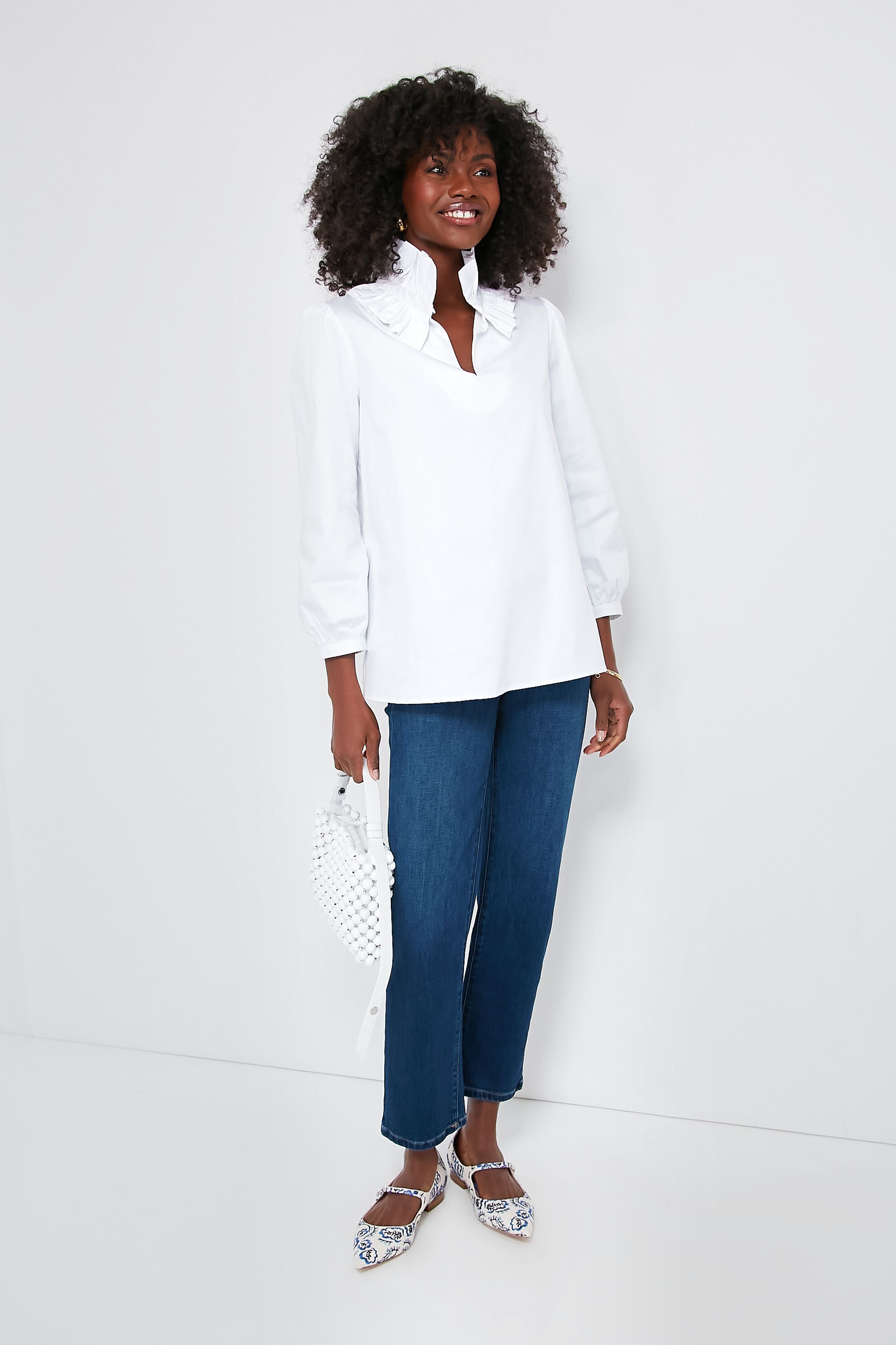 White Stretch Poplin Ruffle Neck Bouvier Blouse-Get Girly