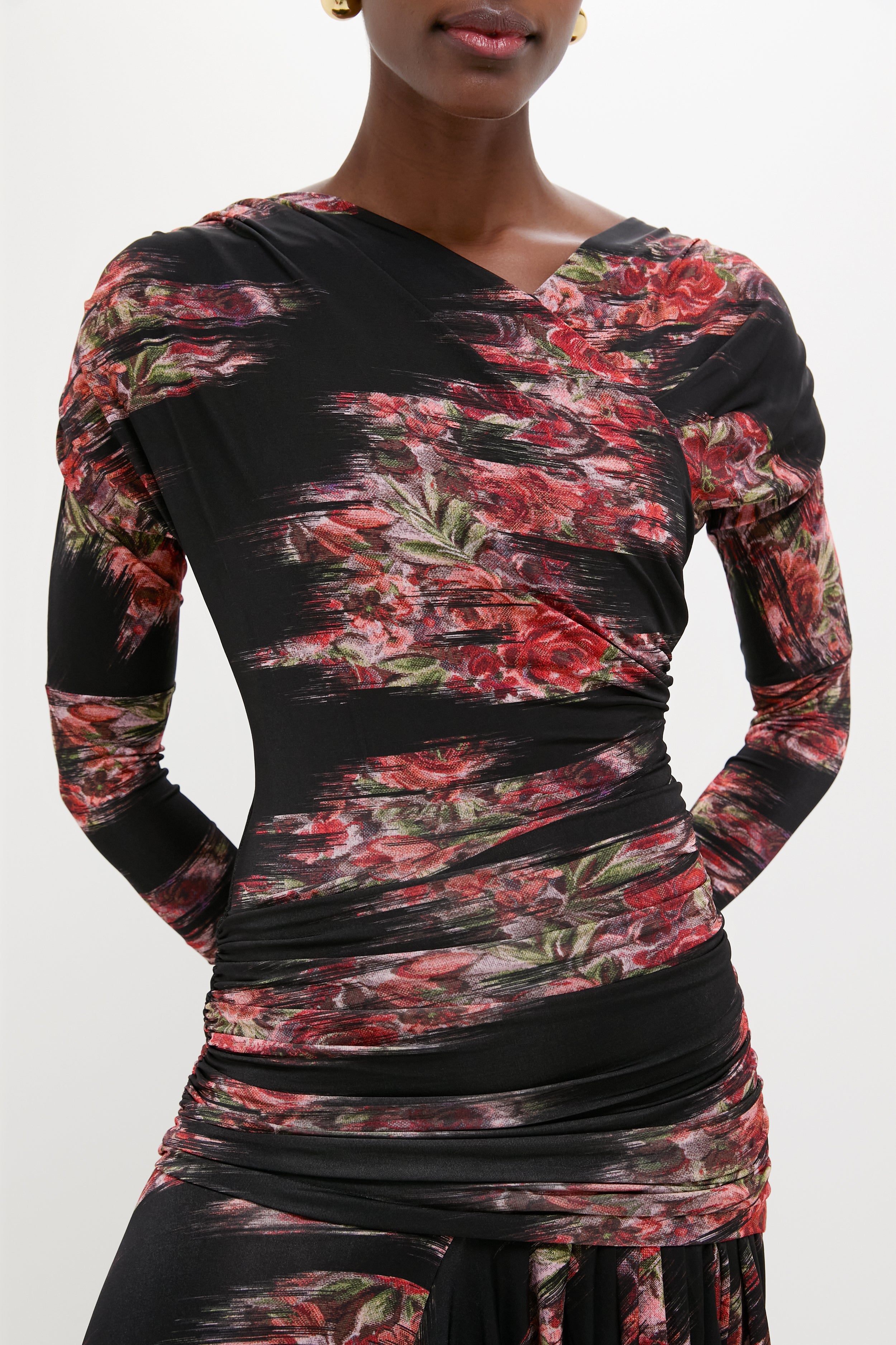 Black Printed Shiny Jersey Ruched Long Dress-Get Girly