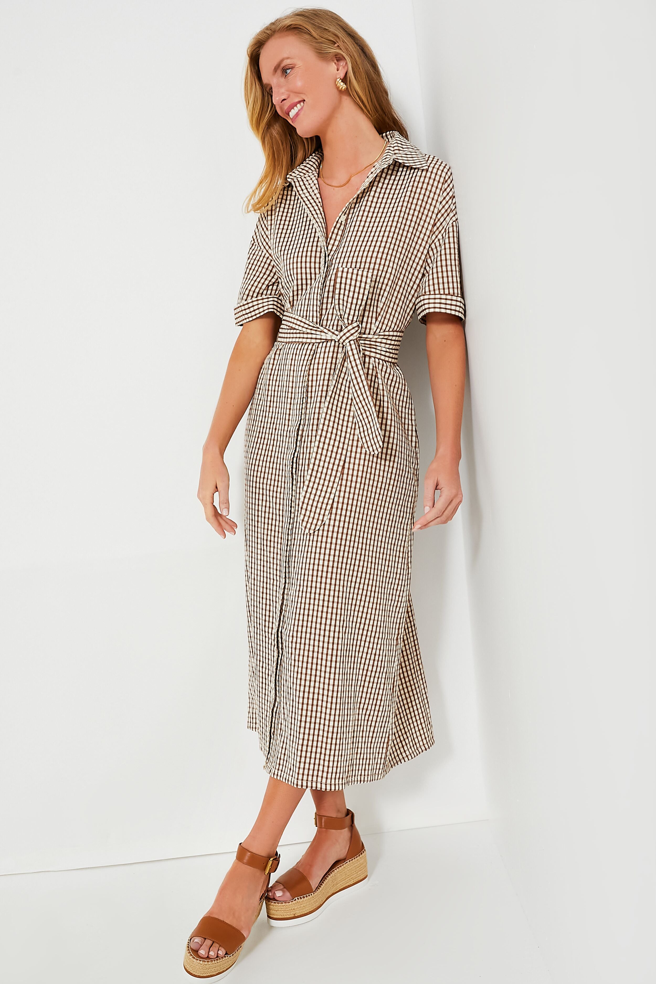 Brown Gingham Seersucker Zacara Dress-Get Girly