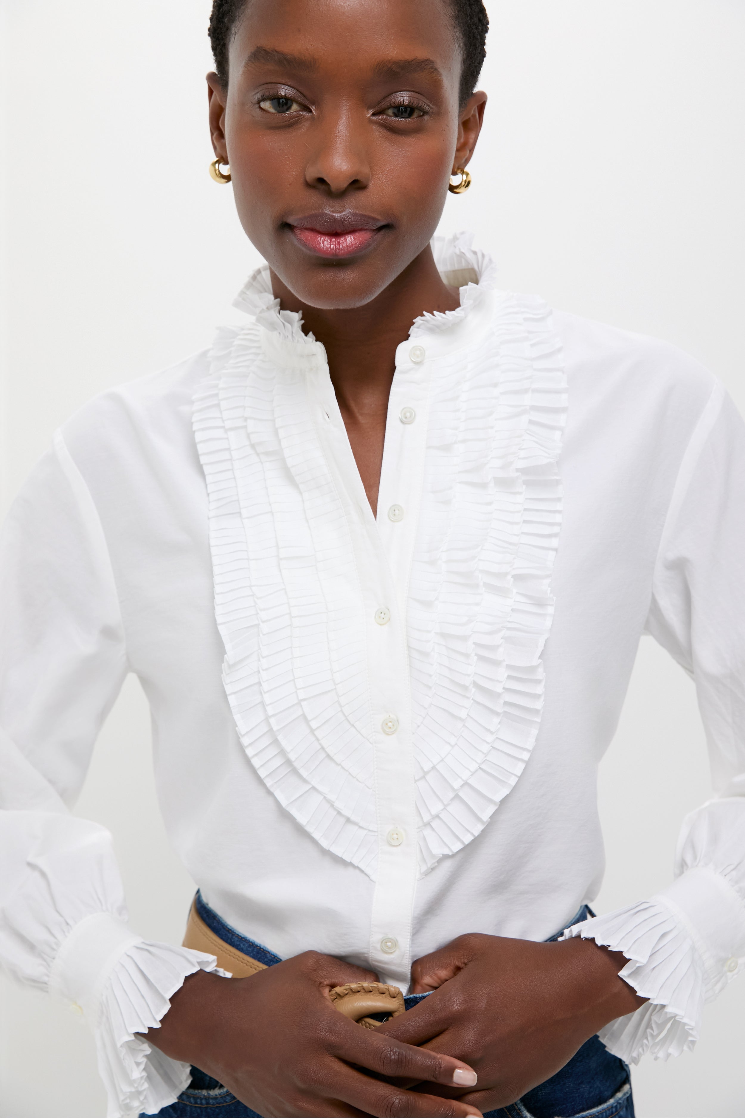 White Long Sleeve Band Collar Blouse-Get Girly