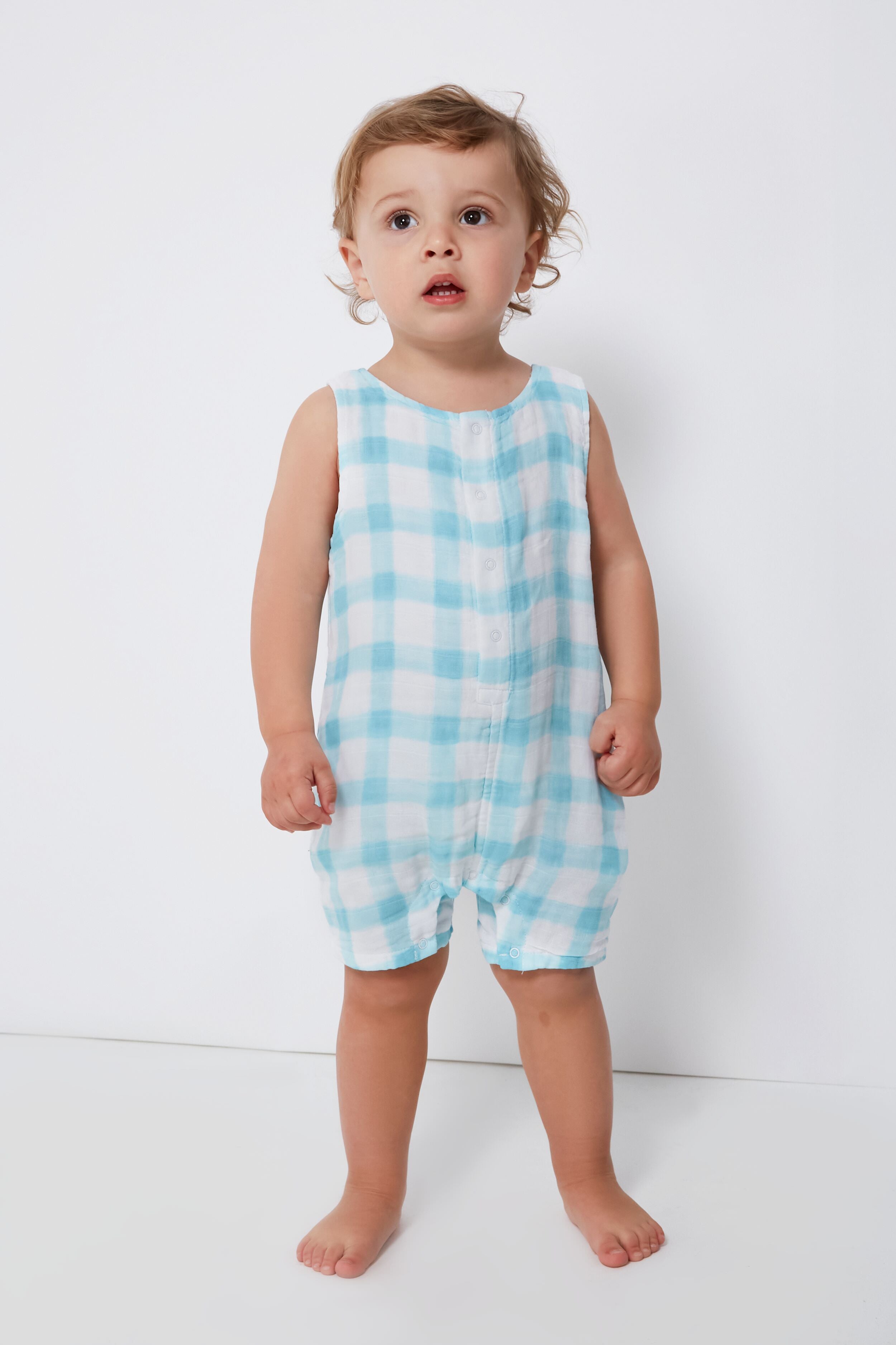 Blue Painted Gingham Shortie Romper-Get Girly