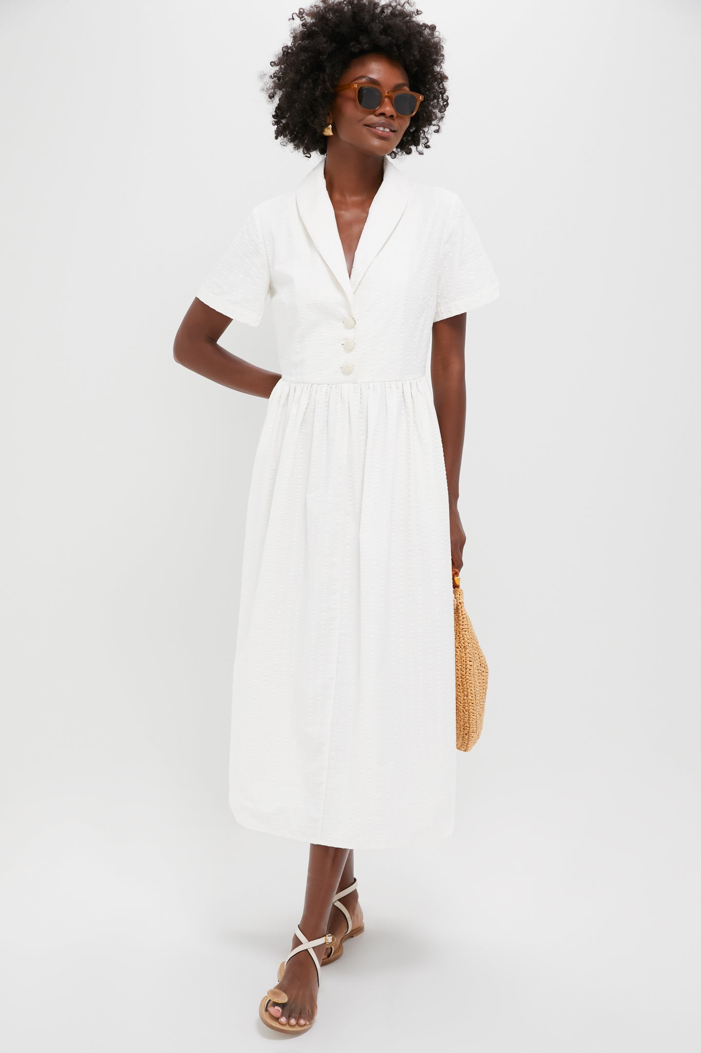 White Seersucker Shawl Collar Adelaide Dress-Get Girly