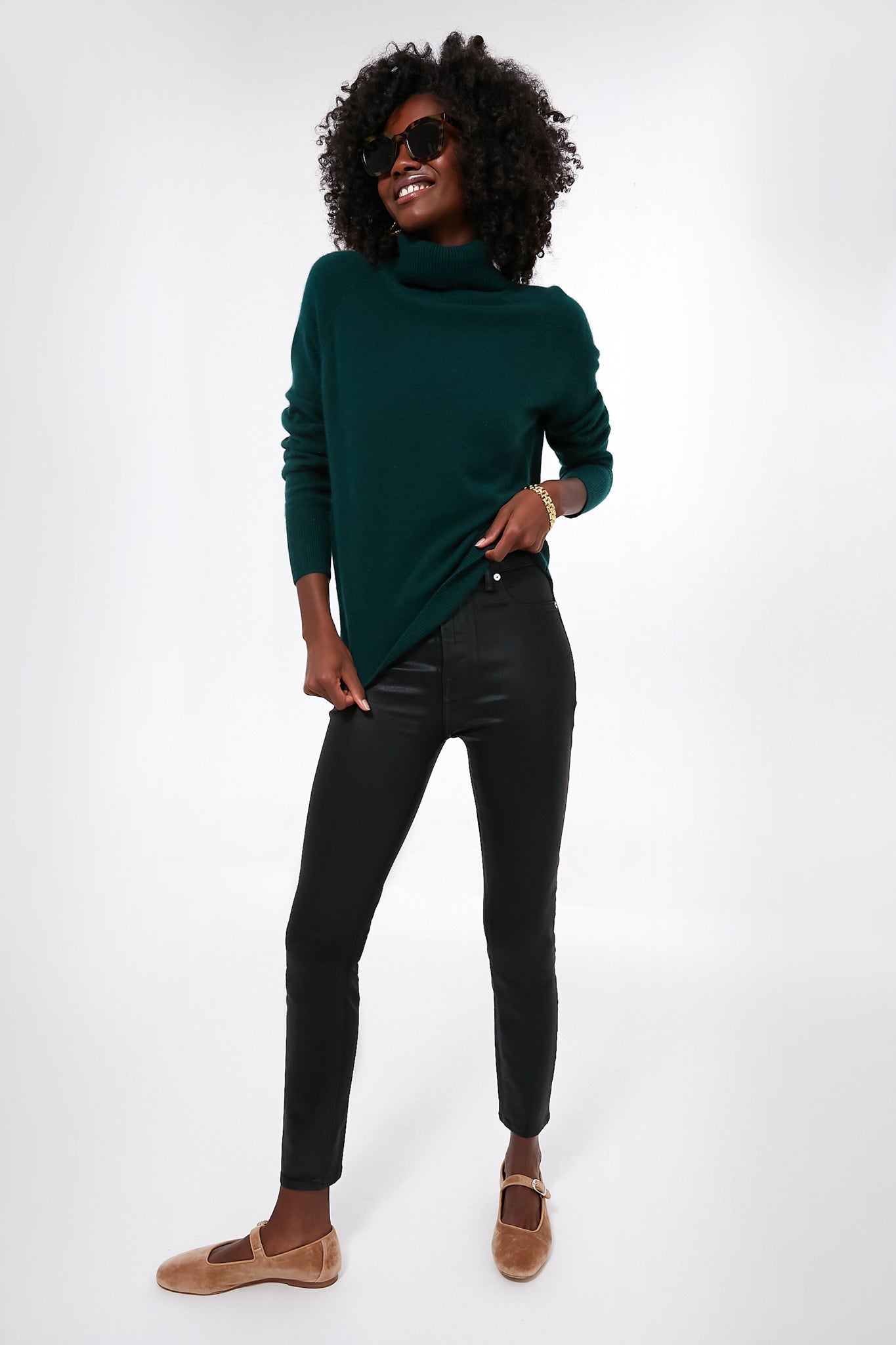 Cyprus Green Cashmere Ribbed Trim Turtleneck-Get Girly