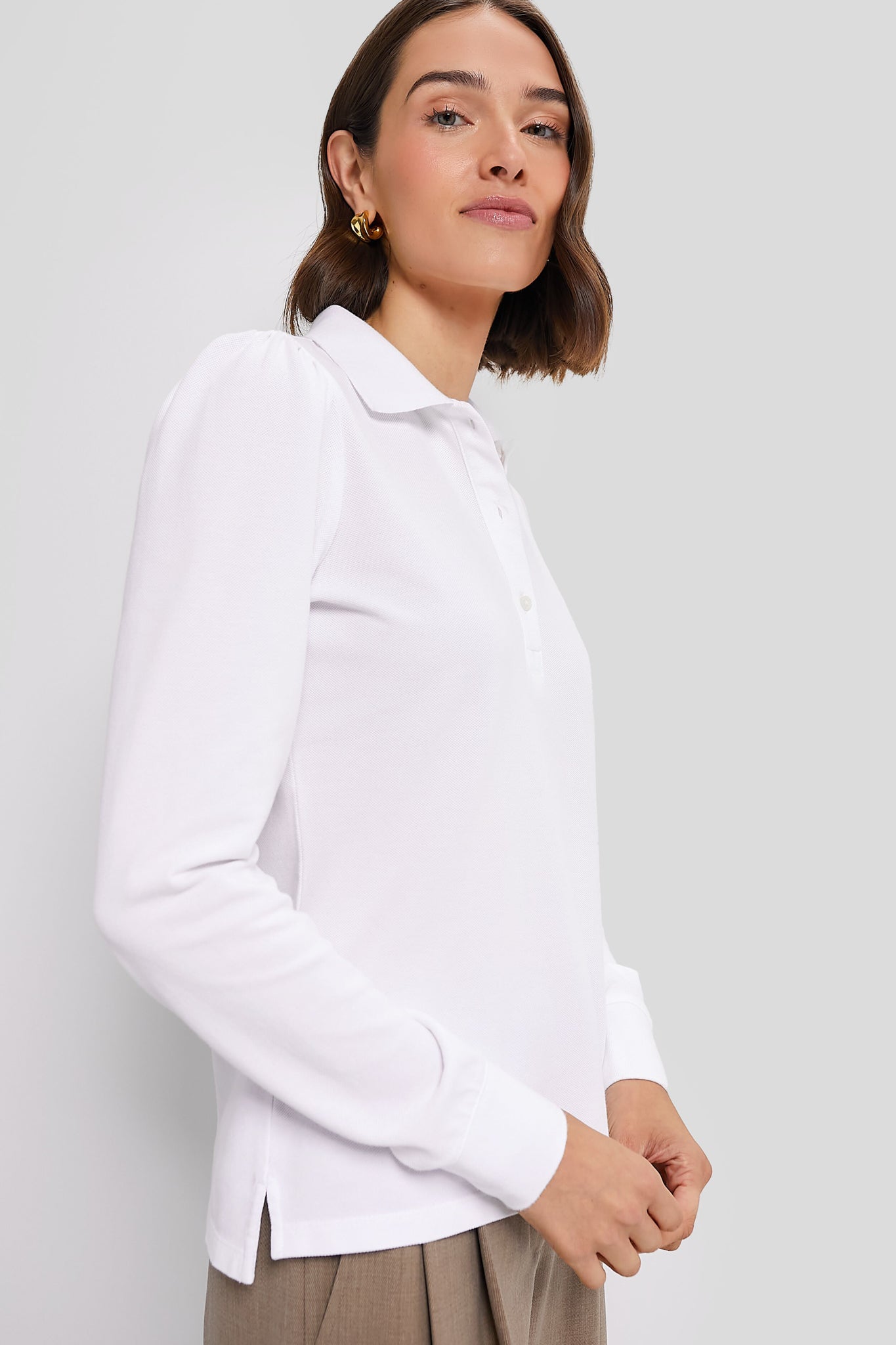 White Long Sleeve Pique Puff Sleeve Peggy Polo-Get Girly