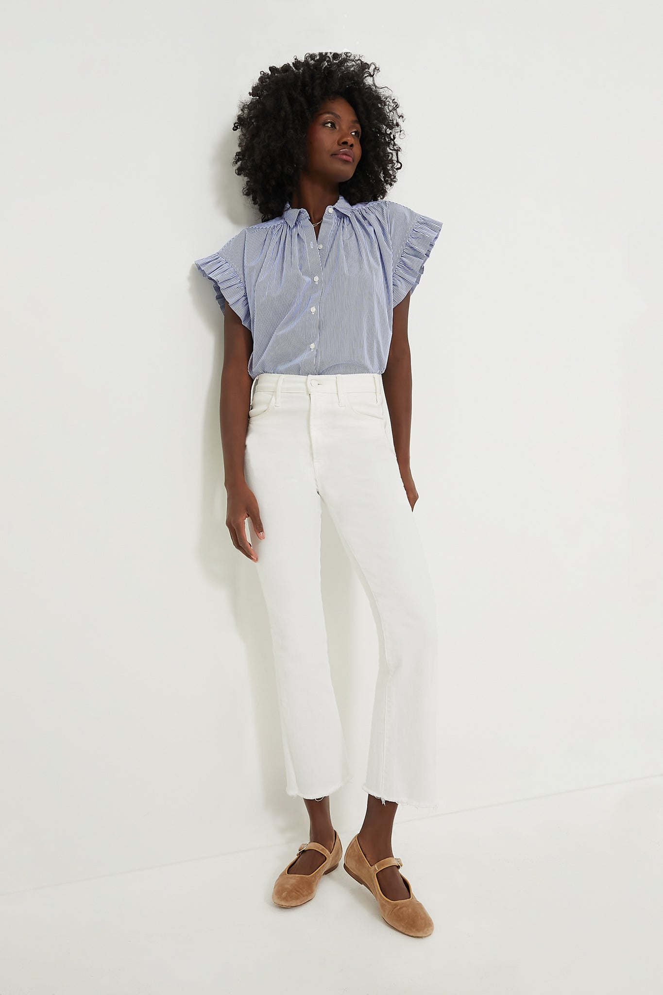 Blue and White Stripe Marianne B Ruffle Sleeve Shirt-Get Girly