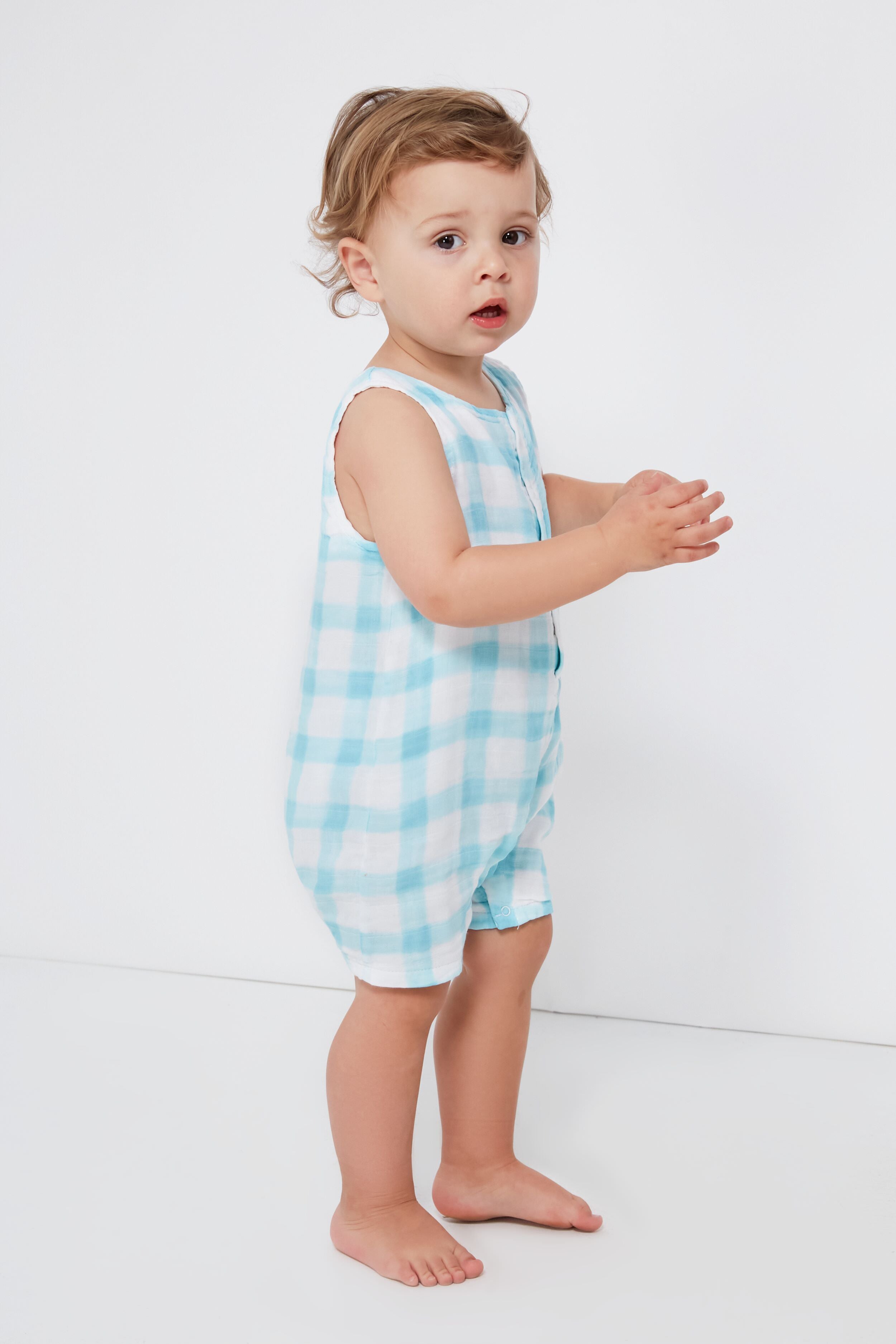 Blue Painted Gingham Shortie Romper-Get Girly