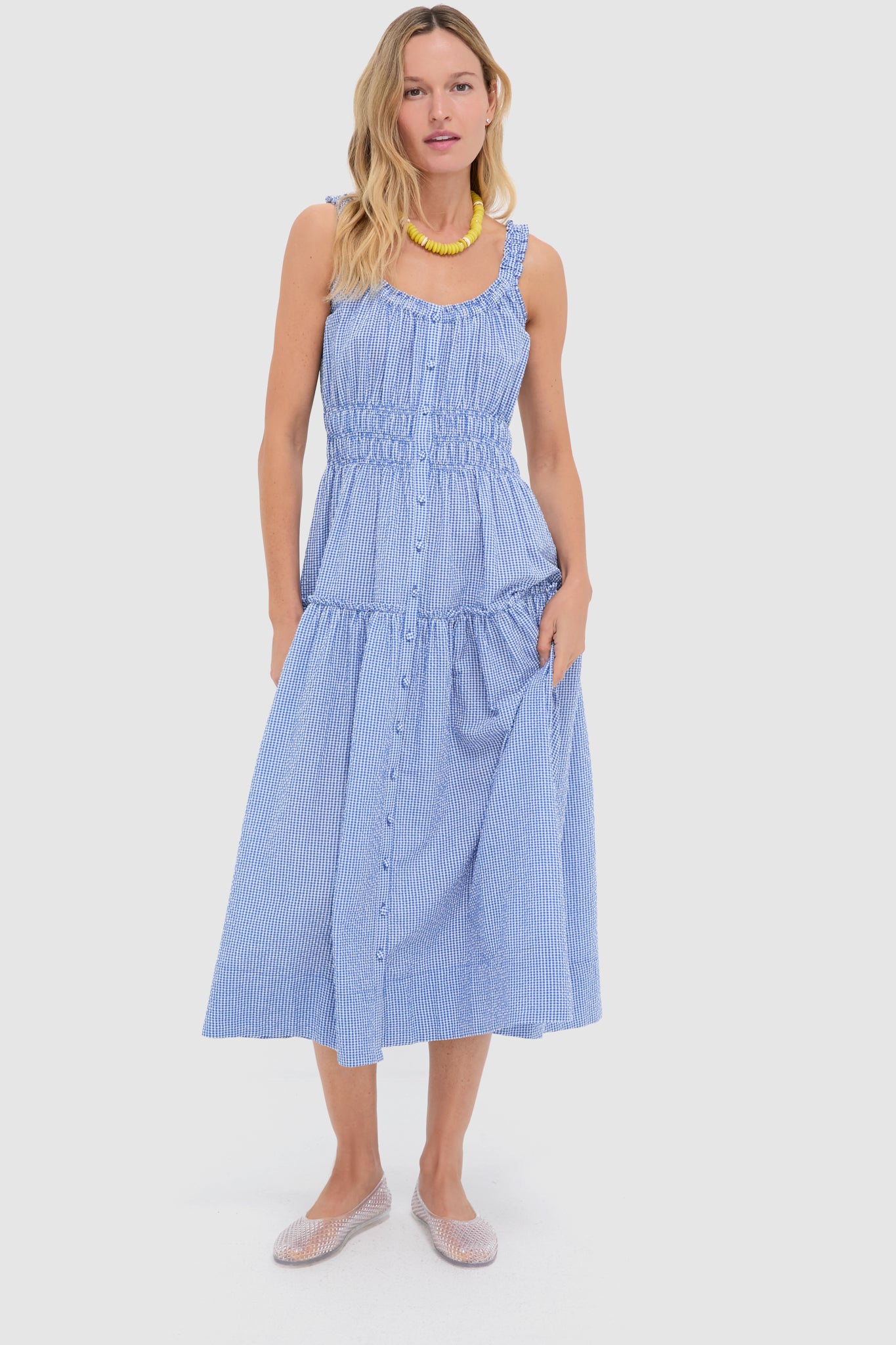 Blue and White Gingham Seersucker Landis Midi Dress-Get Girly