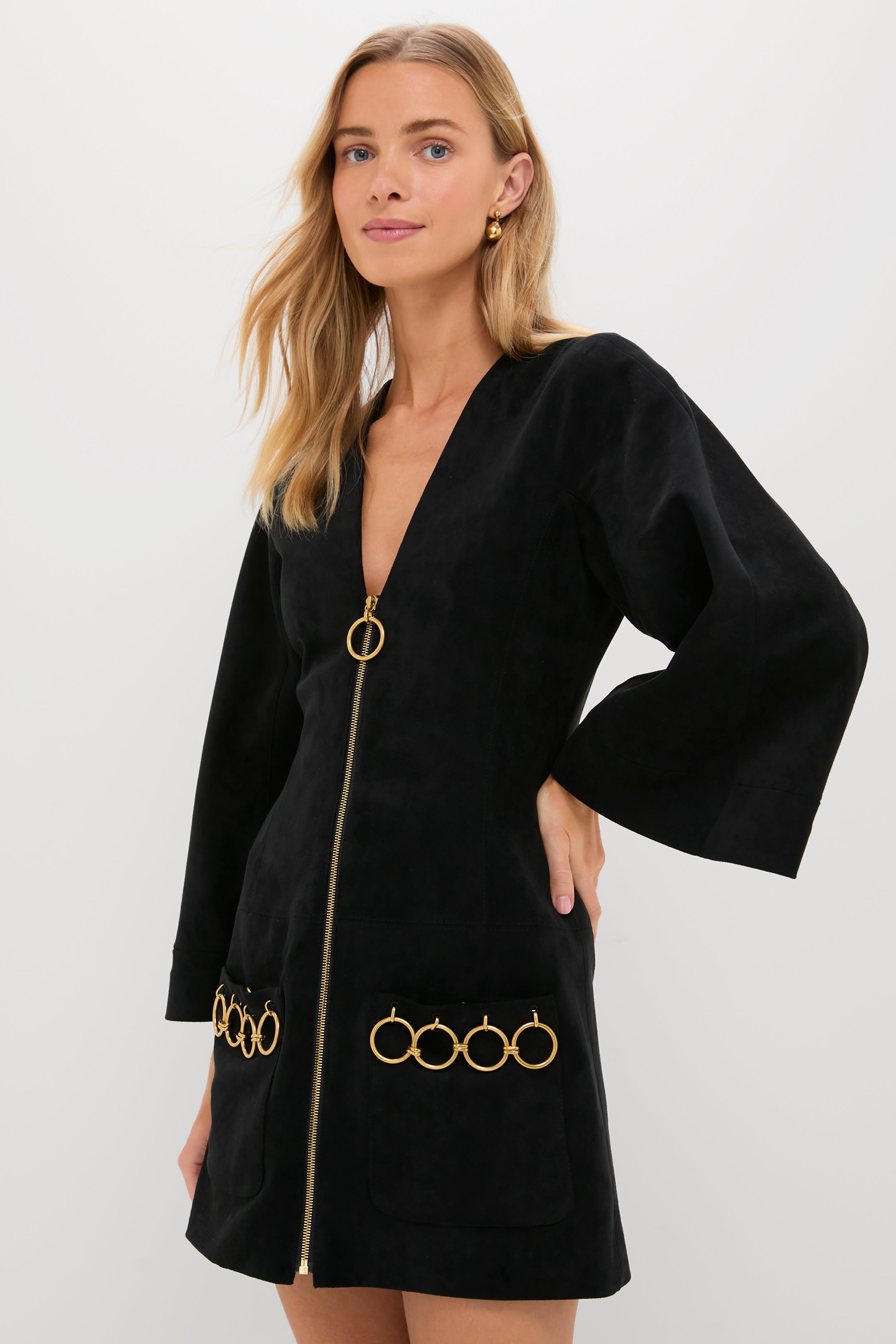 Black Anesa Suede Zip-Front Mini Dress-Get Girly