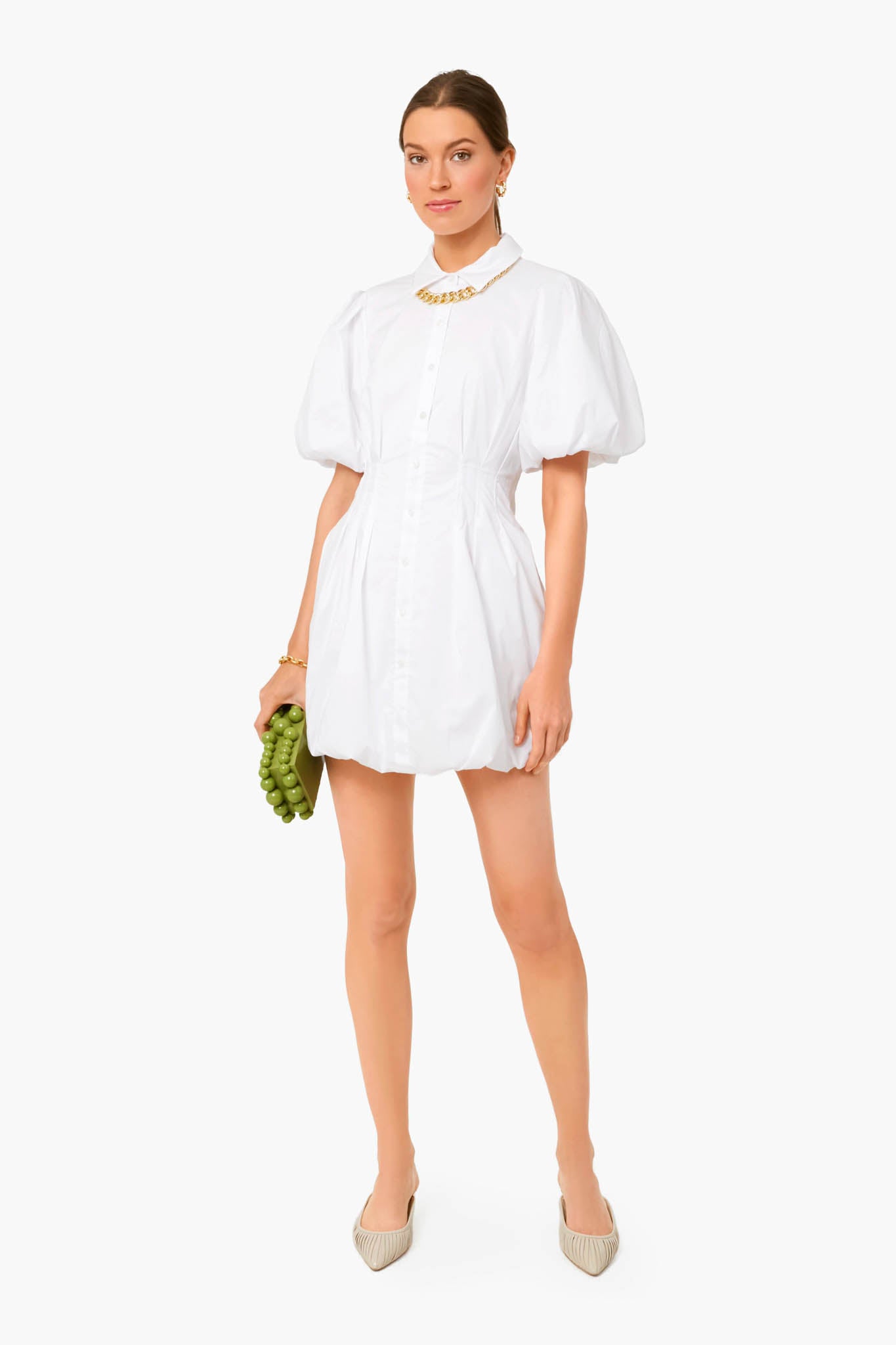 White Cleo Core Pleated Poplin Balloon Pintuck Mini Dress-Get Girly