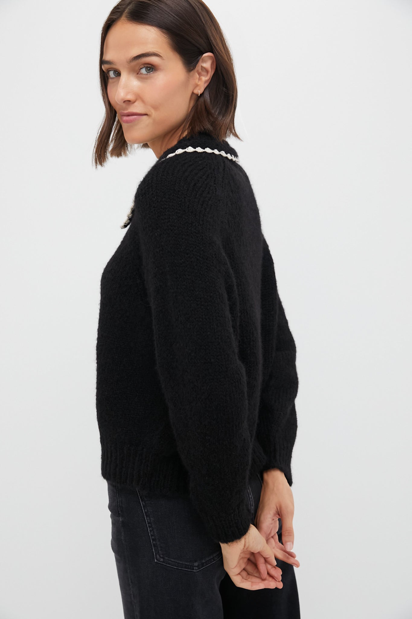Black with Soft White Crochet Collar Pullover-Get Girly