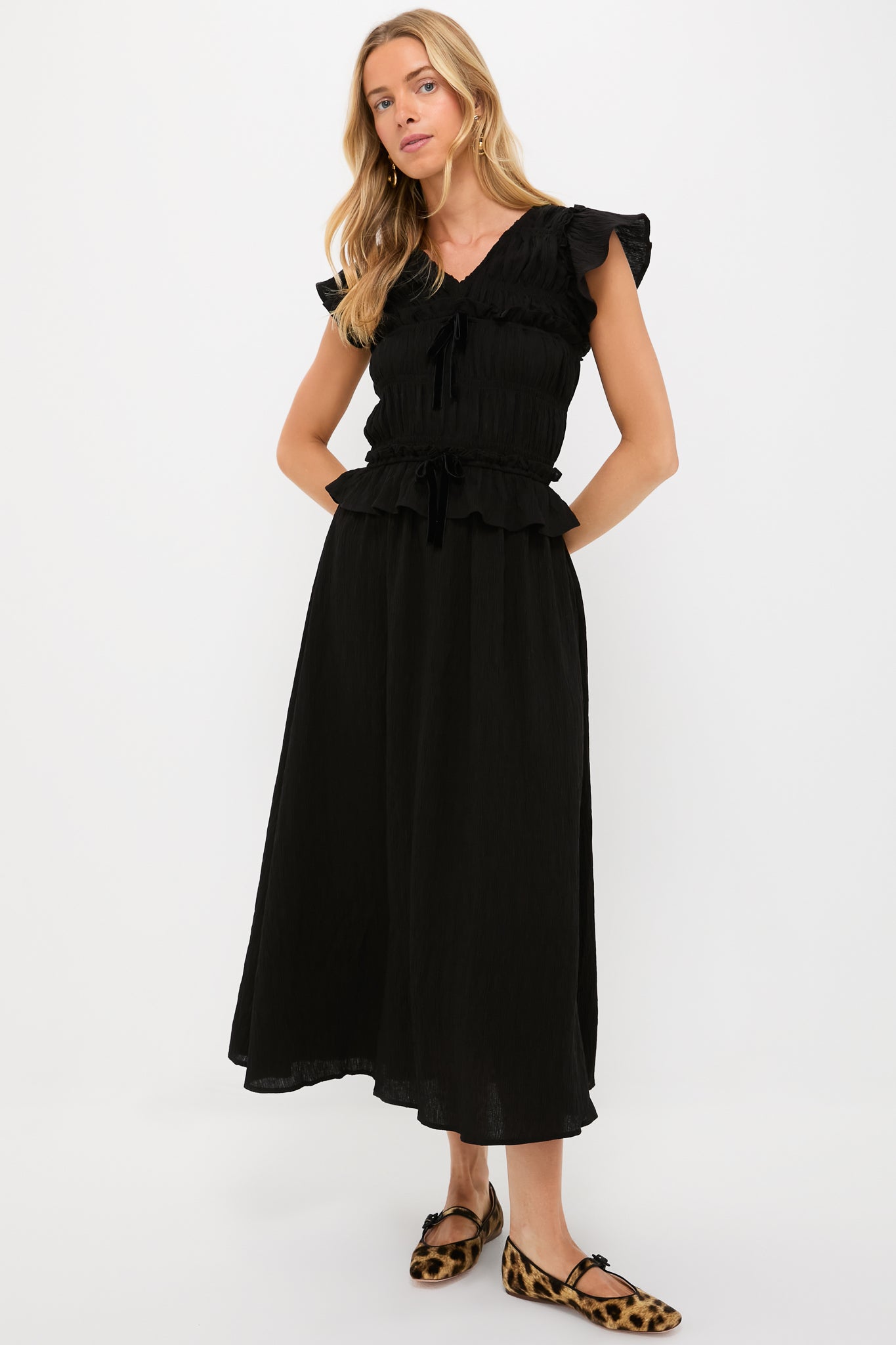 Black Flutter Sleeve Midi Dress-Get Girly