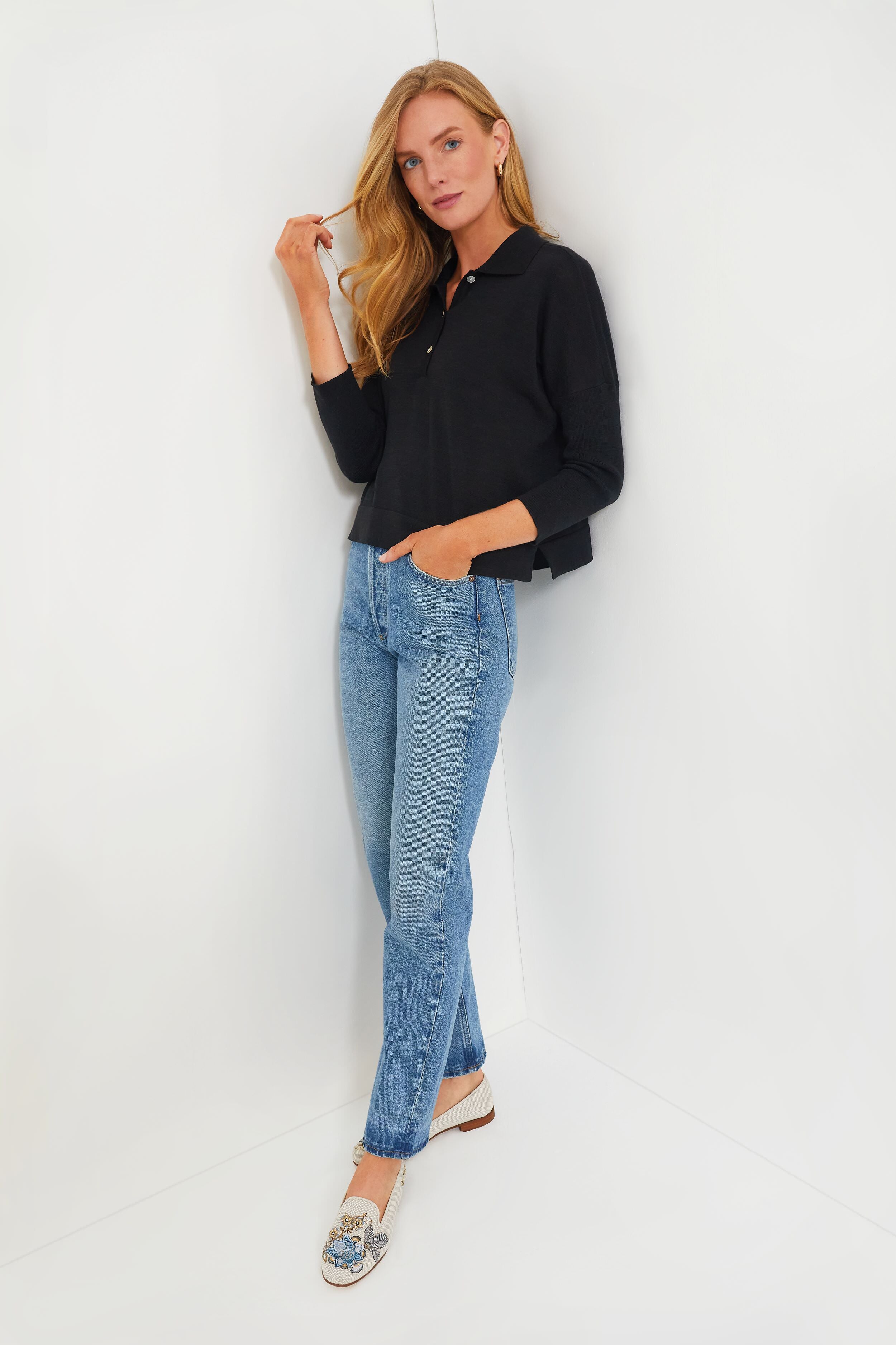 Black Clayton Long Sleeve Knit Polo-Get Girly